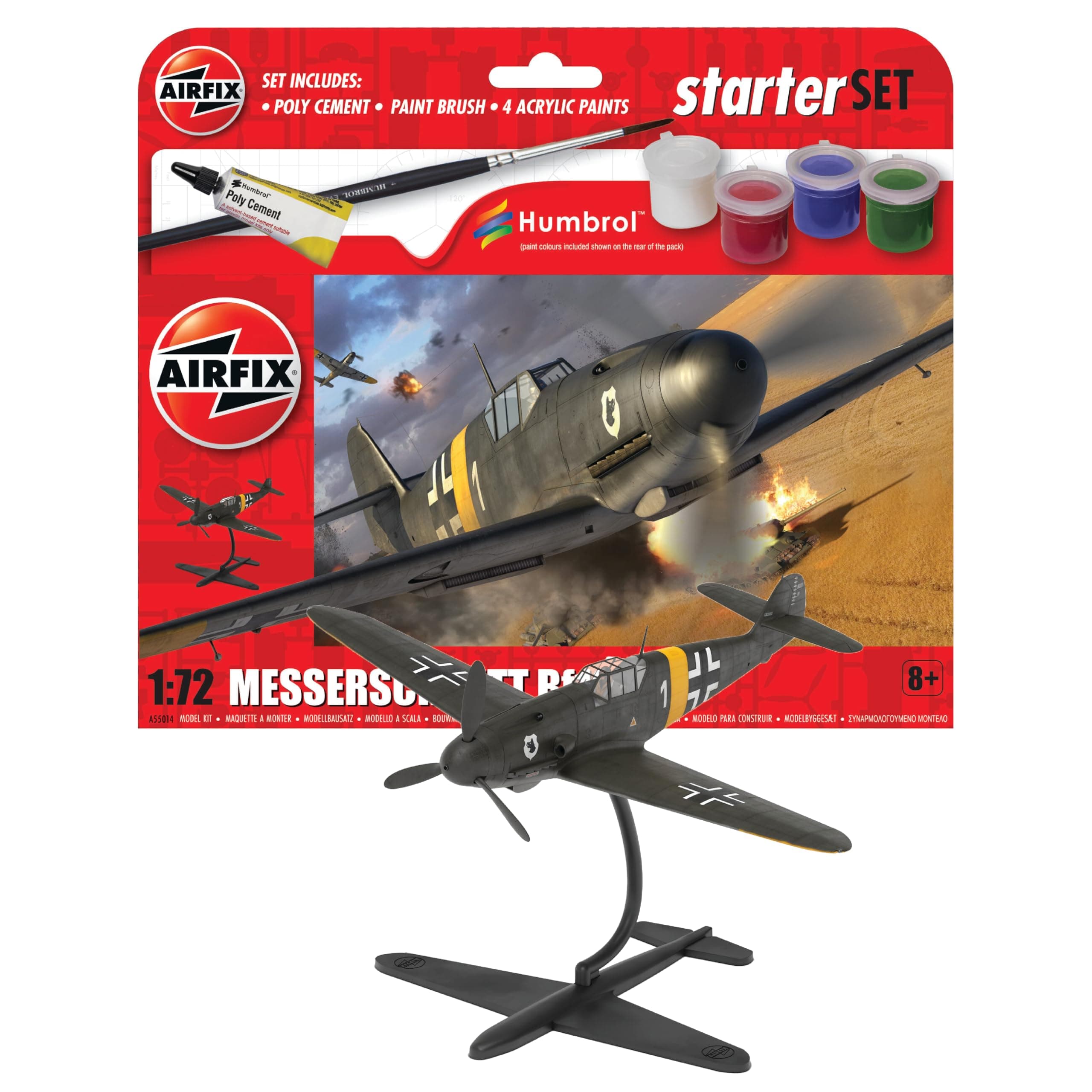 AIRFIX - Starter Set - A55014 Messerschmitt Bf109F-4 Model Building Kit - Plastic Model Plane Kits for Adults & Children 8+, Set Includes Decals, Acrylic Paints, Brushes & Poly Cement - 1:72 Scale