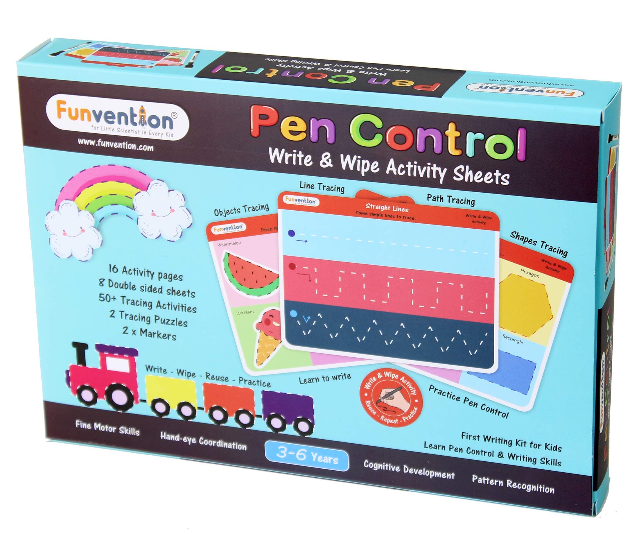 funvention- for Little Scientist in Every Kid Learn Pen Practice and Writing Skills Educational Pen Control Write and Wipe Activity Sheets Game (3-6 Years)- Multi Color