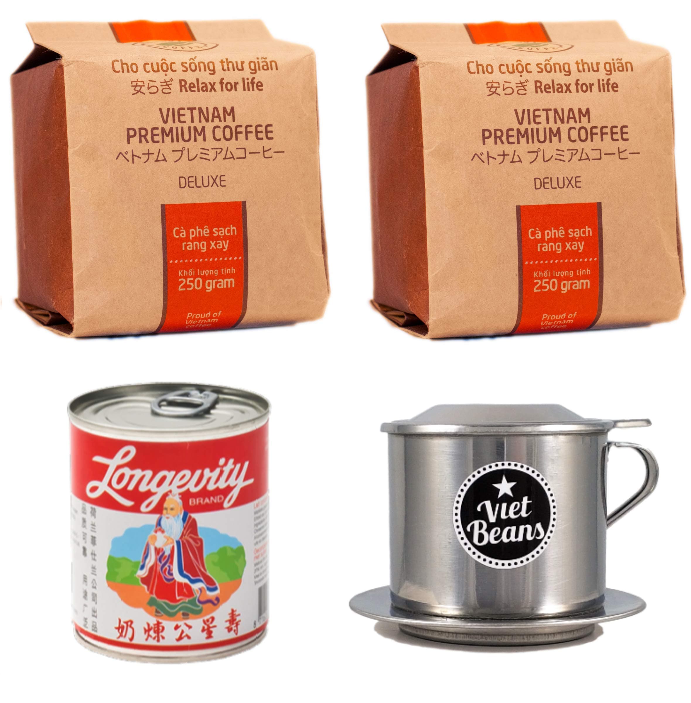 Starter kit for Vietnamese Coffee - 2 x 250g + Filter (Phin) + sweetened Condensed Milk – Premium Coffee Beans from The Highlands of Da LAT Vietnam