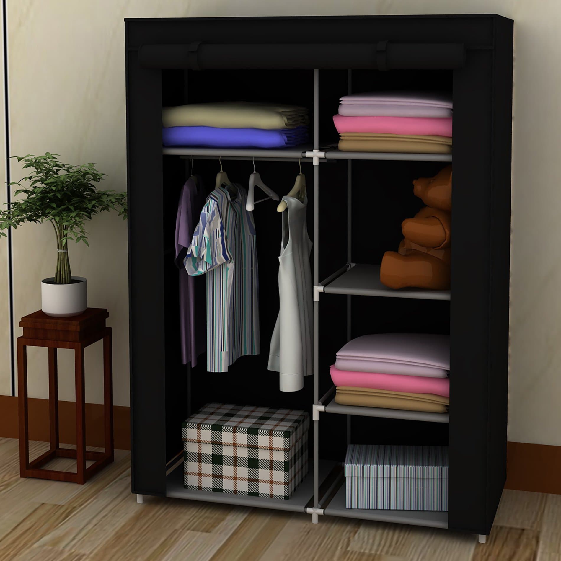 EBS Double Canvas Portable Home Wardrobe Storage Closet with Hanging Rail Clothes Shoe Organiser Rack System for Bedroom Dormitory - Black fabric 154 x 45 x 105 cm