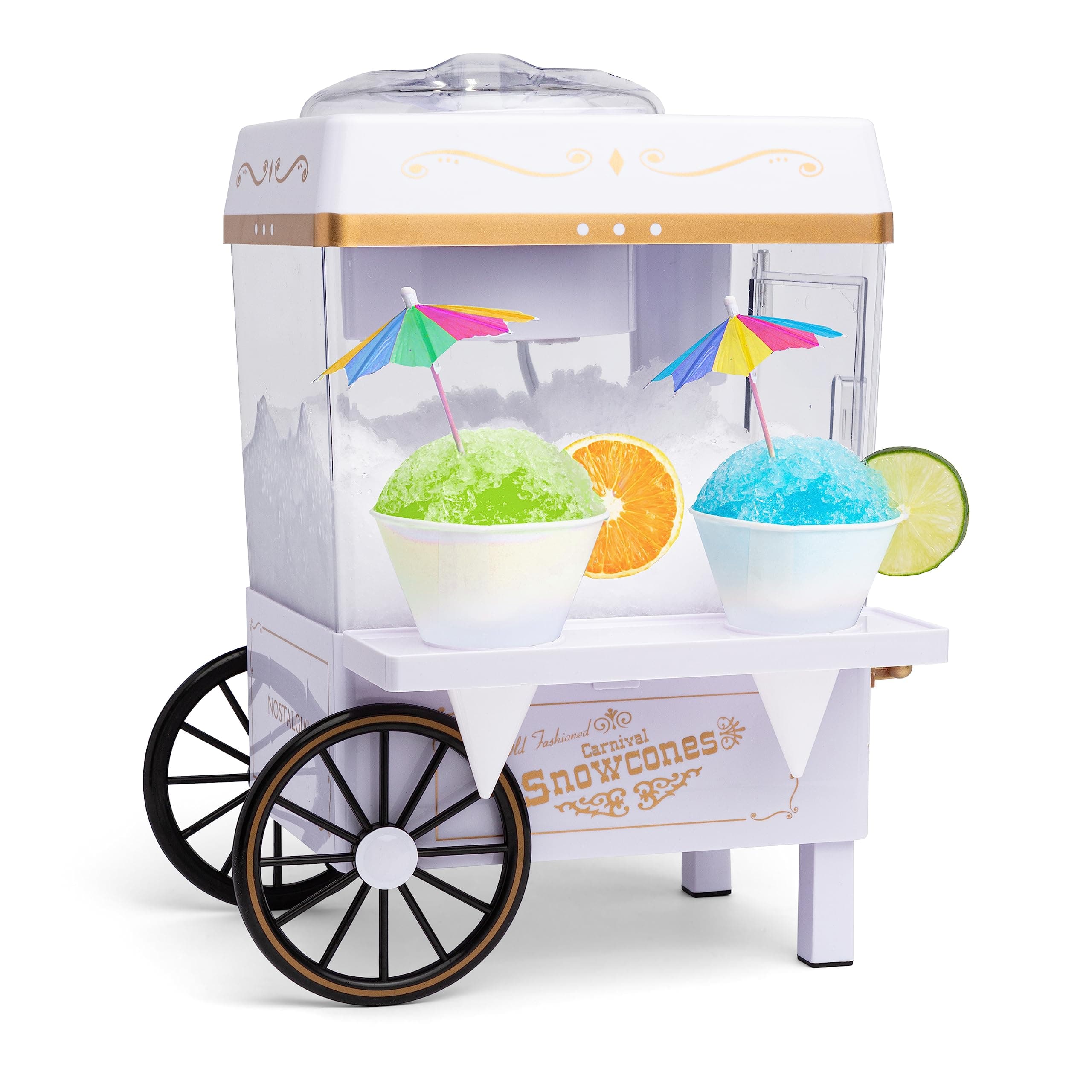 Snow Cone Shaved Ice Machine - Retro Table-Top Slushie Machine Makes 20 Icy Treats - Includes 2 Reusable Plastic Cups & Ice Scoop - White