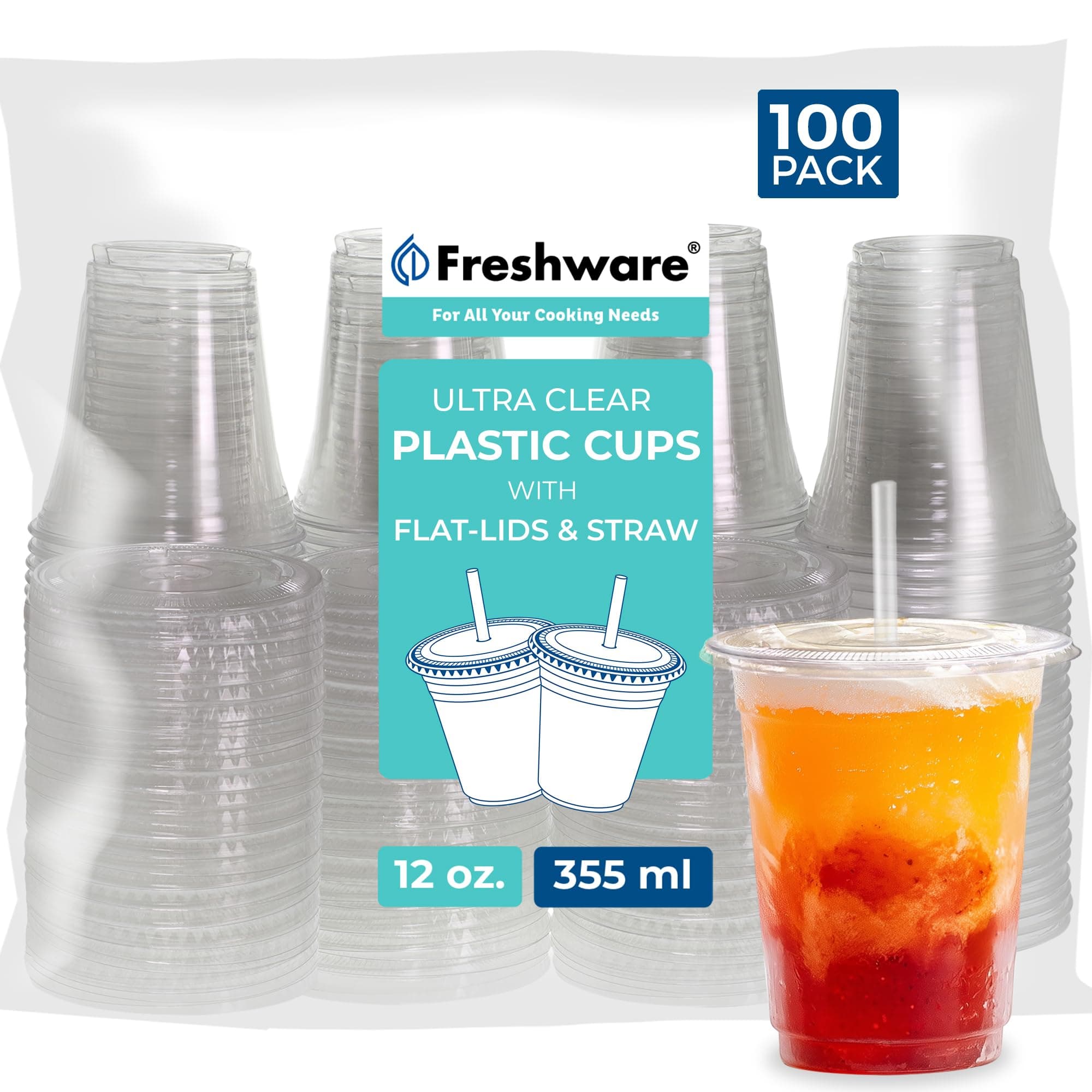 Freshware Clear Plastic Cups with Flat Lids and Straws [100 Cups - 12 oz] Disposable Tumblers for Iced Coffee, Smoothie, Milkshake, Cold Drinks