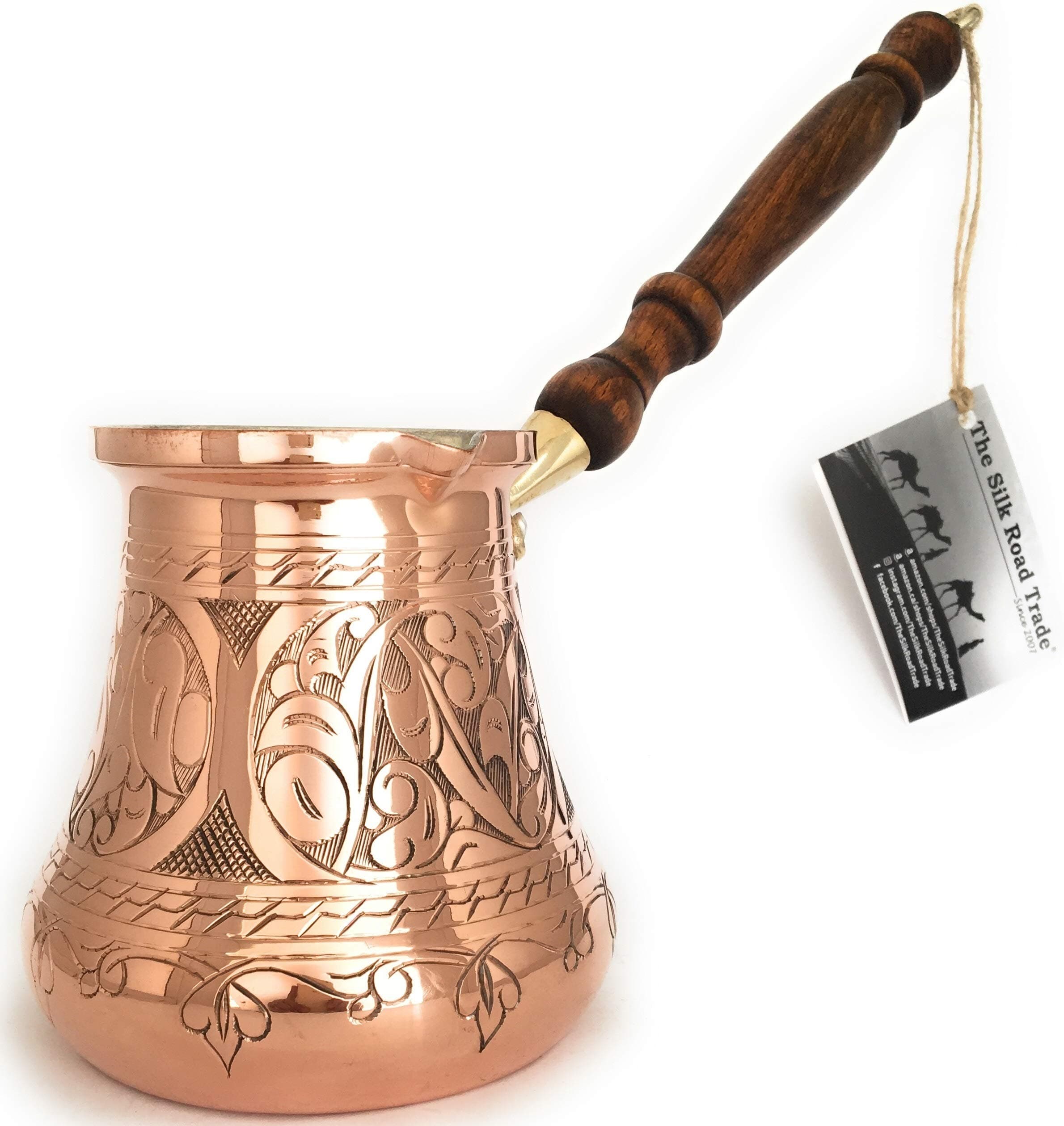 PC Series (XXL - 32oz) - Thickest Solid Copper Engraved Turkish Greek Arabic Coffee Pot with Wooden Handle Heavy Duty Stove Coffee Maker with Jazzve, Cezve, Ibrik Hammered Base