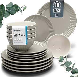 18-Piece Dinnerware Set - Bowl and Plate Set - Stoneware Dining Set for 6 People - Dishwasher and Microwave Safe - Grooved Dining Service in Light Brown
