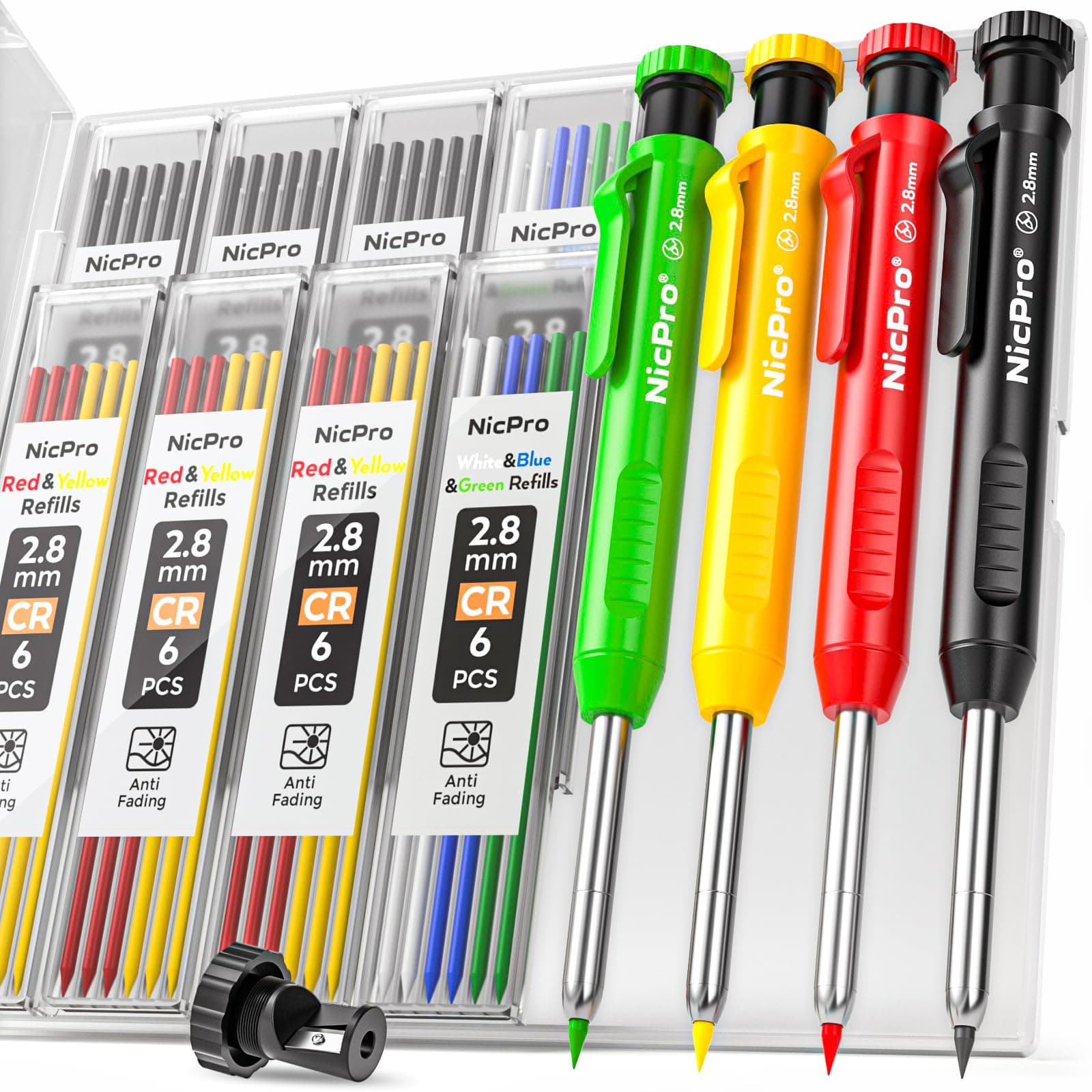 4 Pack Carpenter Pencil with Sharpener, Mechanical Carpenter Pencils with 52 Refills, Construction Pencil Heavy Duty Woodworking Pencils for Architect (Red, Black, Yellow, Blue)
