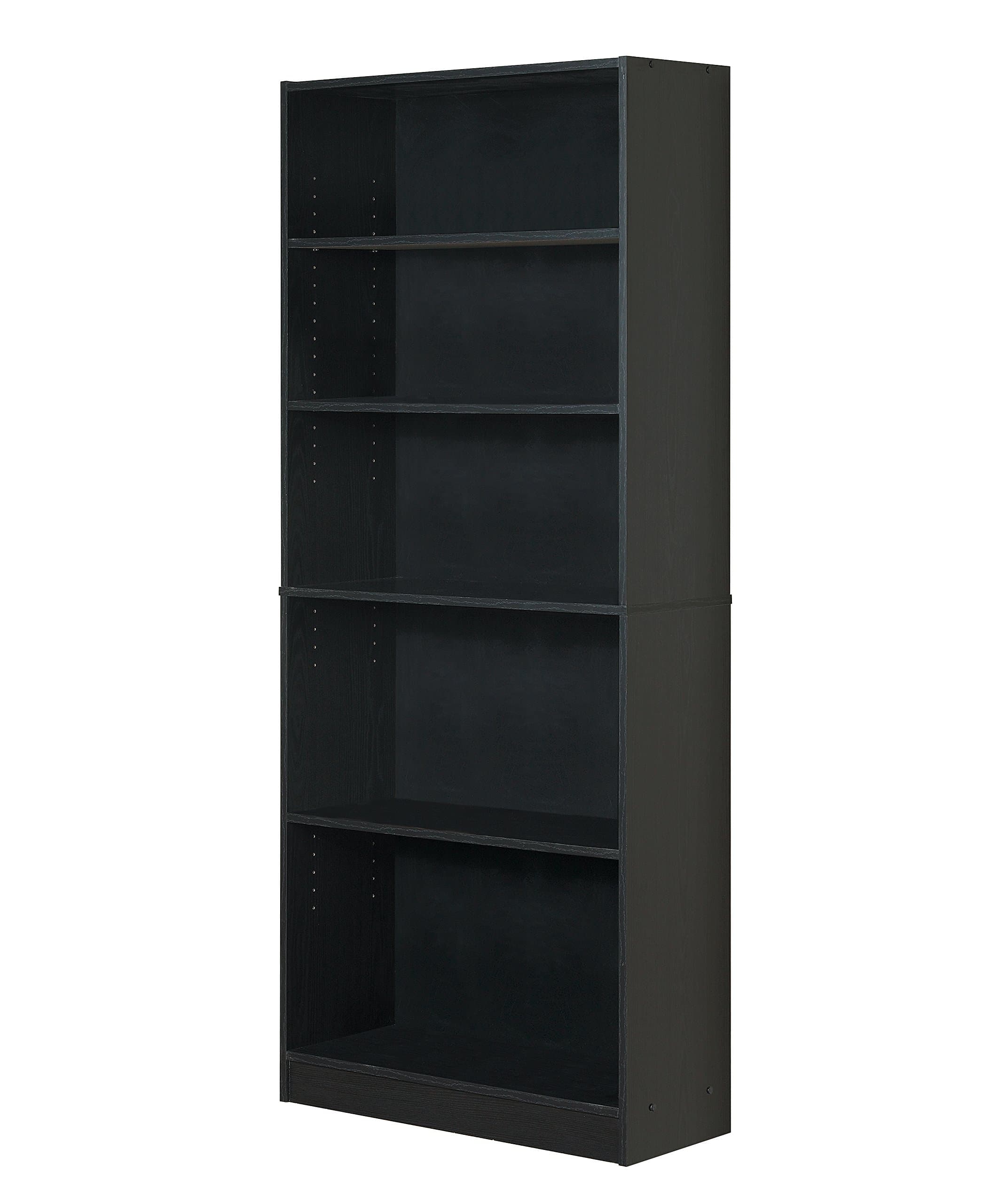 Mylex Five Shelf Bookcase; Three Adjustable Shelves; 11.63 x 29.63 x 71.5 Inches, Black, Assembly Required
