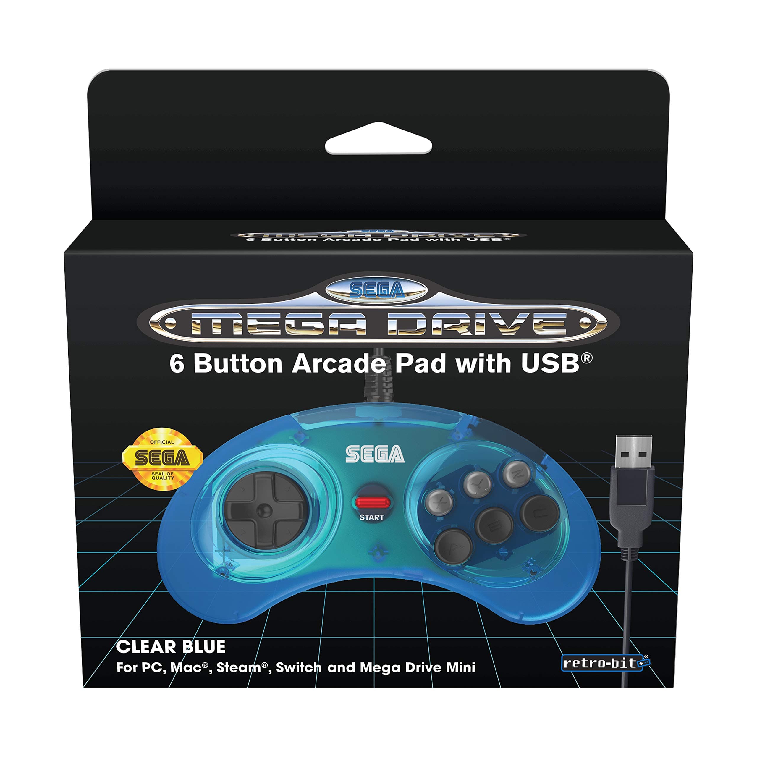 Retro-Bit Official SEGA Mega Drive USB 6-Button Controller for MEGA DRIVE MINI CONSOLE, PC, Switch, Mac, Steam, RetroPie, Raspberry Pi - Clear Blue (Nintendo Switch///)