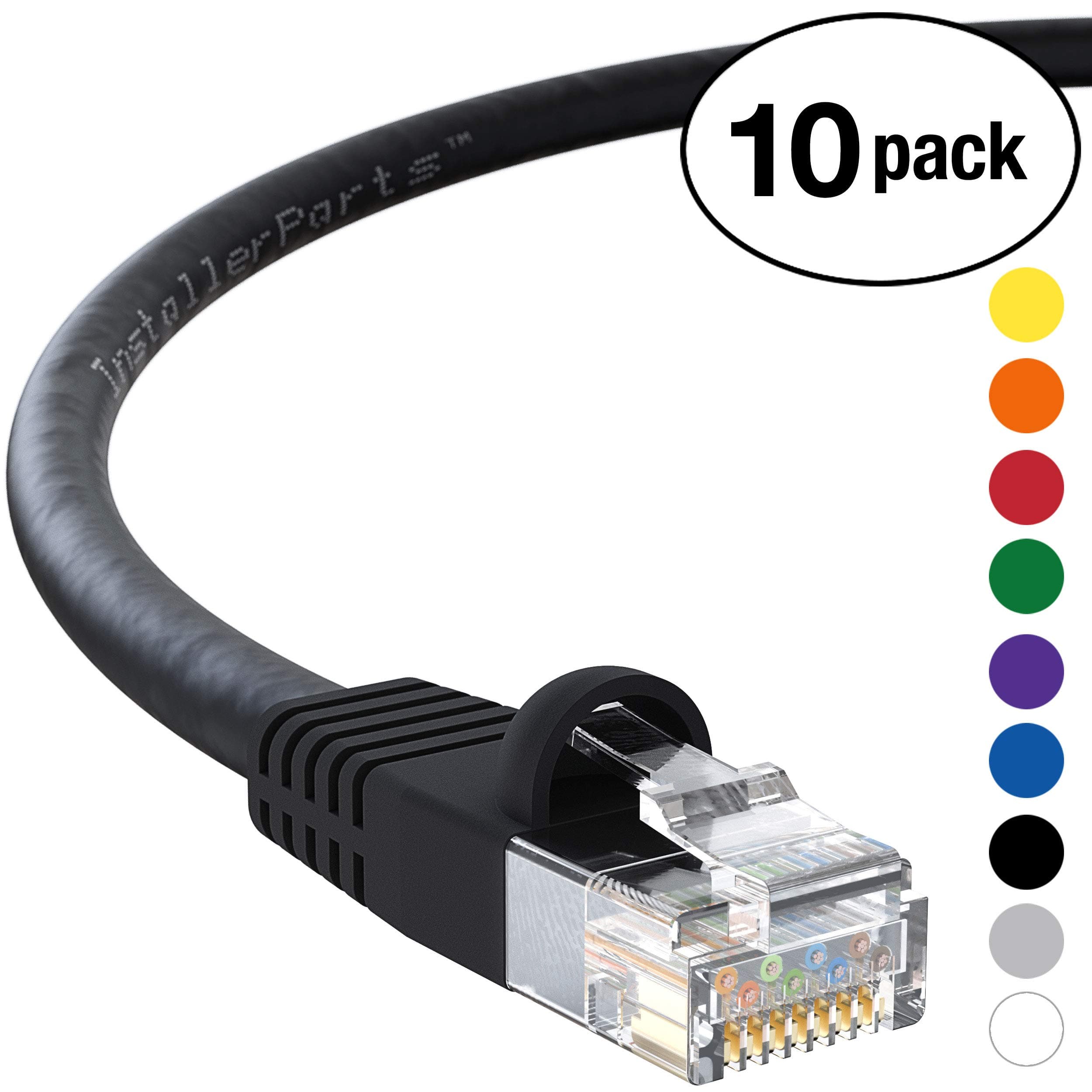 InstallerParts(10 Pack Ethernet Cable CAT5E Cable UTP Booted 10 FT - Black - Professional Series - 1Gigabit/Sec Network/Internet Cable, 350MHZ