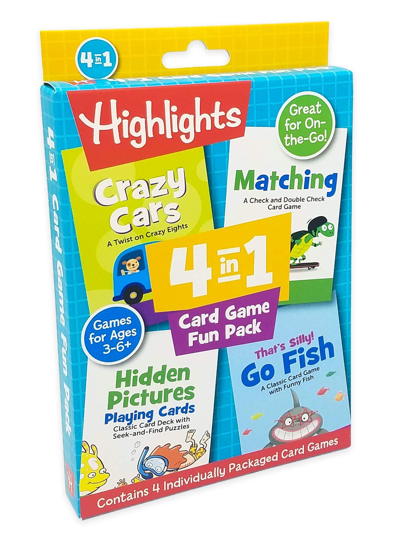 Leap YearHighlights 4-in-1 Card Game Fun Pack | Includes 4 Children’s Card Games - Crazy Cars, Matching, Hidden Pictures Playing Cards, and Go Fish | Great for Travel, Family Game Night