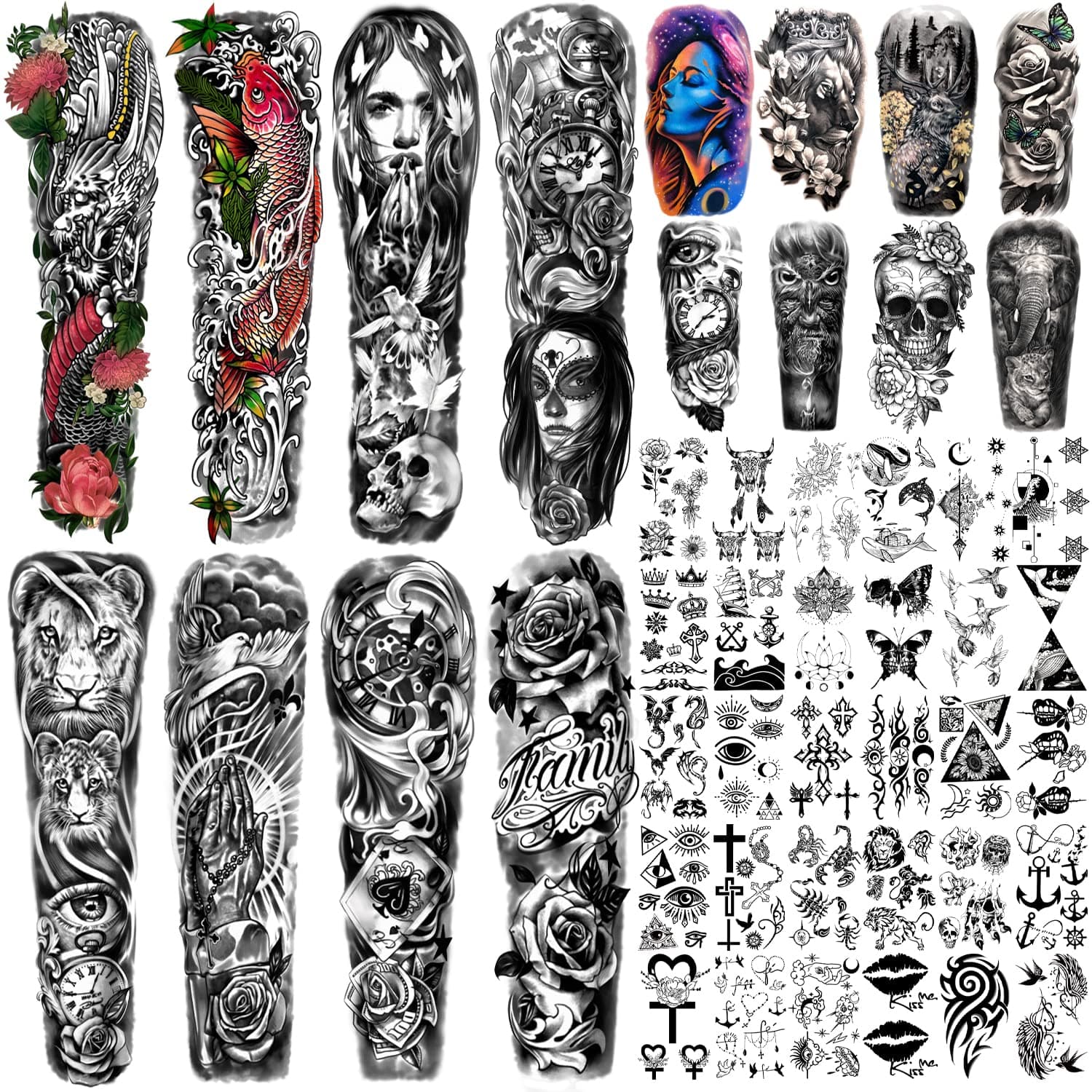 Metuu 46 Sheets Large Size Full Arm Temporary Tattoos For Men and women, Lion Dragon Clock Flower Skeleton Shoulder Forearm Temp Waterproof Tattoo Stickers For Teens