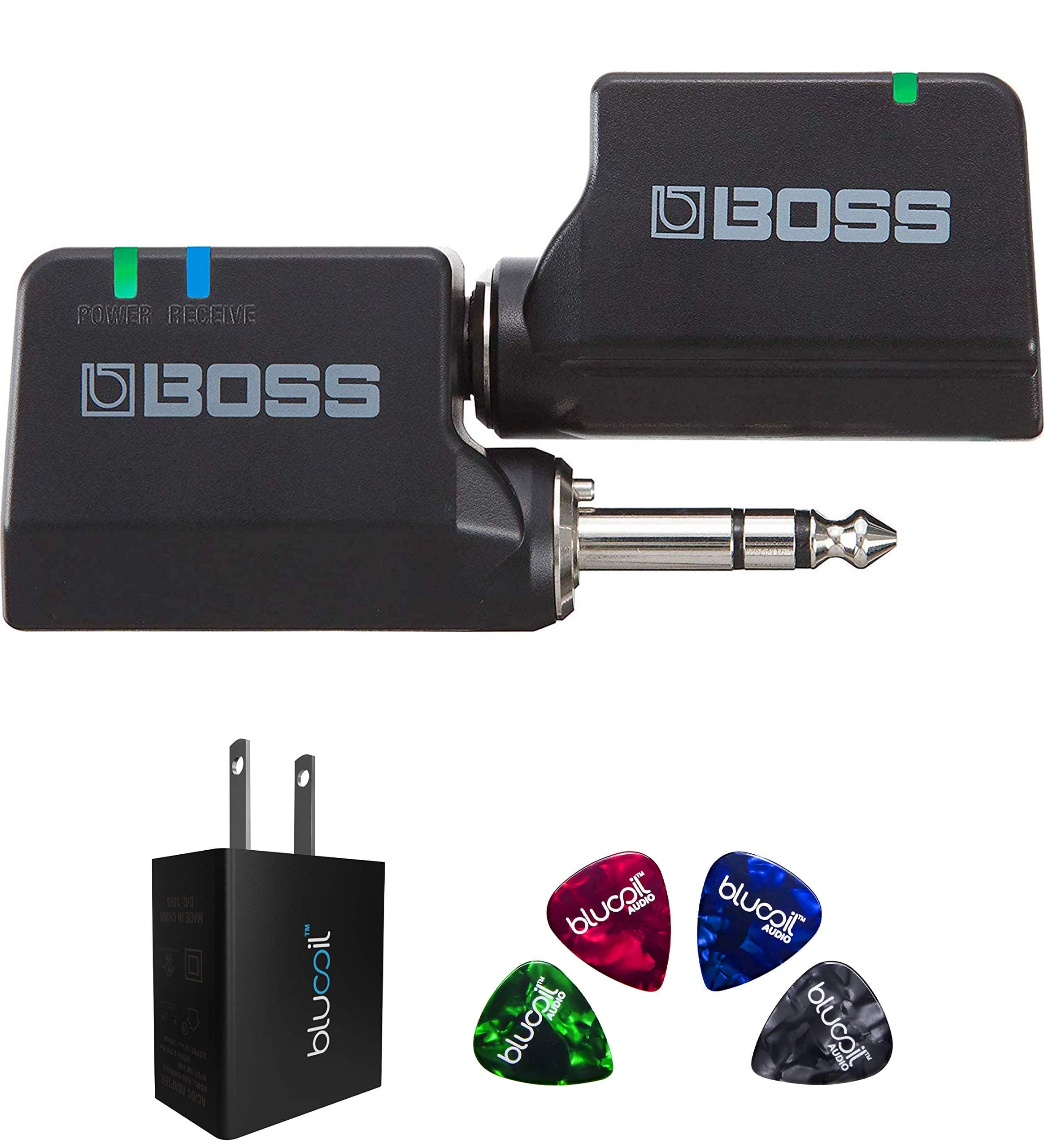 BOSS WL-20 2.4 GHz Wireless System with Cable Tone Simulation Bundle with Blucoil USB Wall Adapter (US Plug) and 4-Pack of Celluloid Guitar Picks
