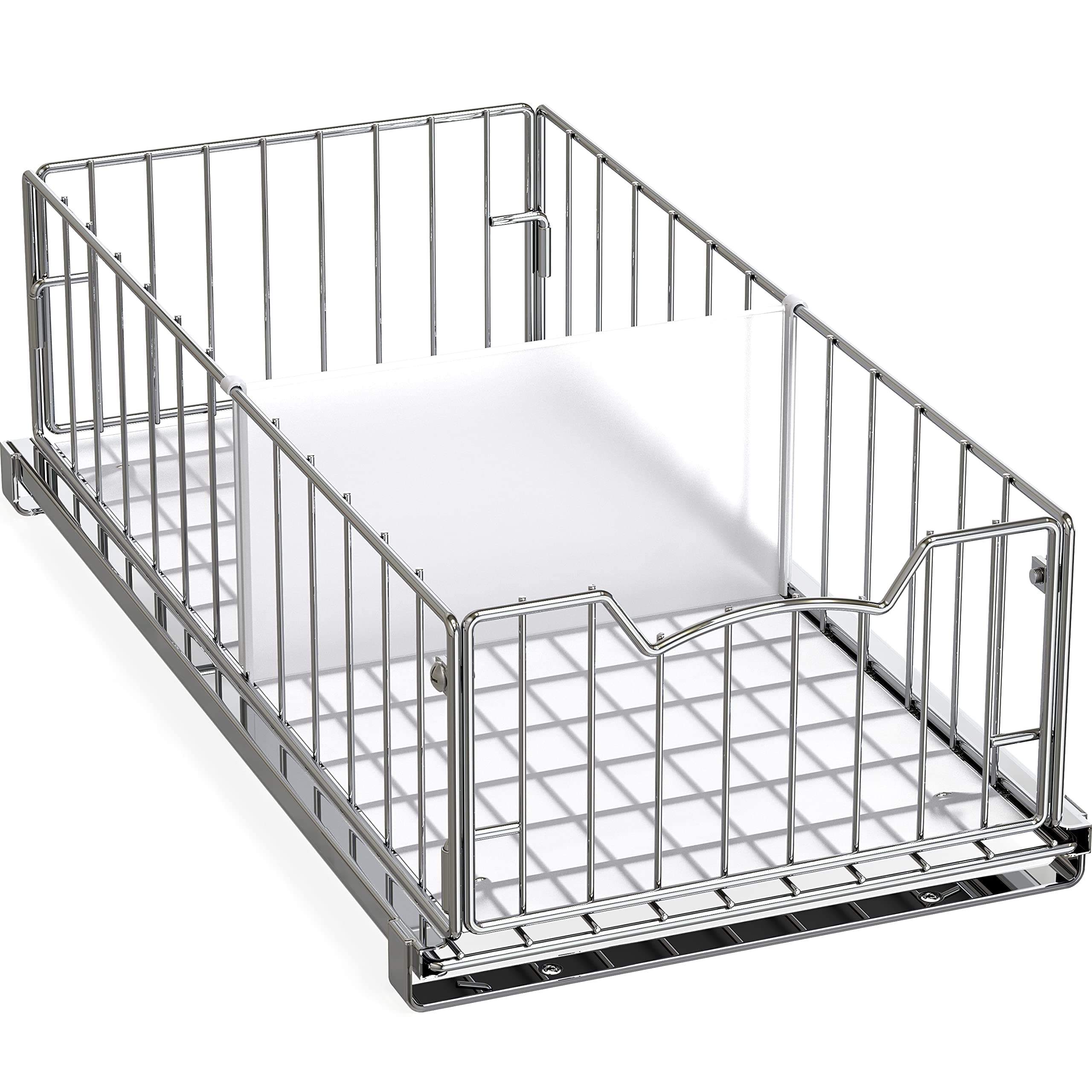 Pull-Out Cabinet Sliding Basket Organizer, 17.2" D x 9.7" W x 5" H – Chrome Finished, Ideal for Kitchen and Bathroom Cabinet Storage, Under Sink or Pantry Organization