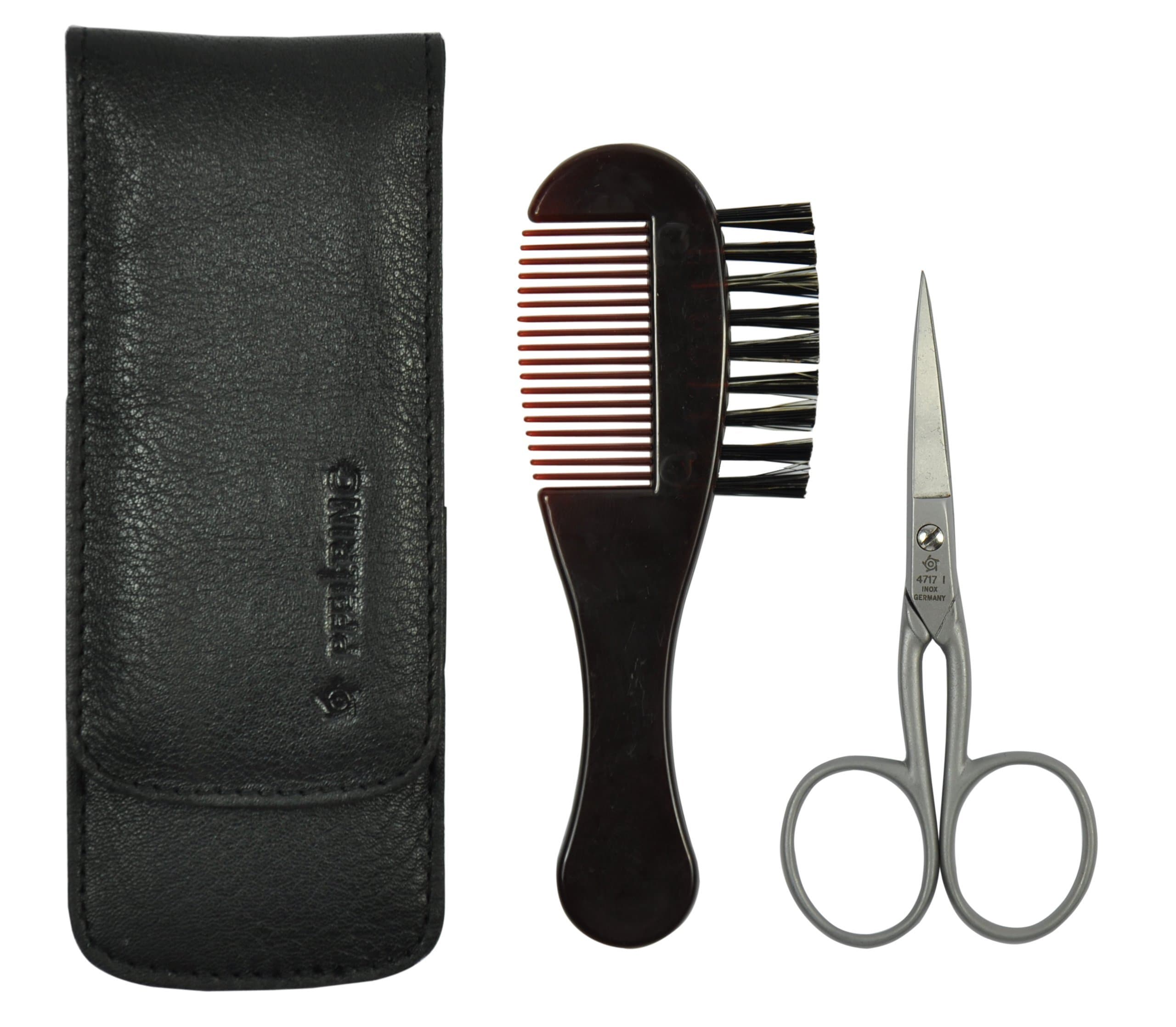 Germany - Men Grooming Set, Beard Scissors, Beard Brush & Comb Combination, Fine Black Nappa Leather Case