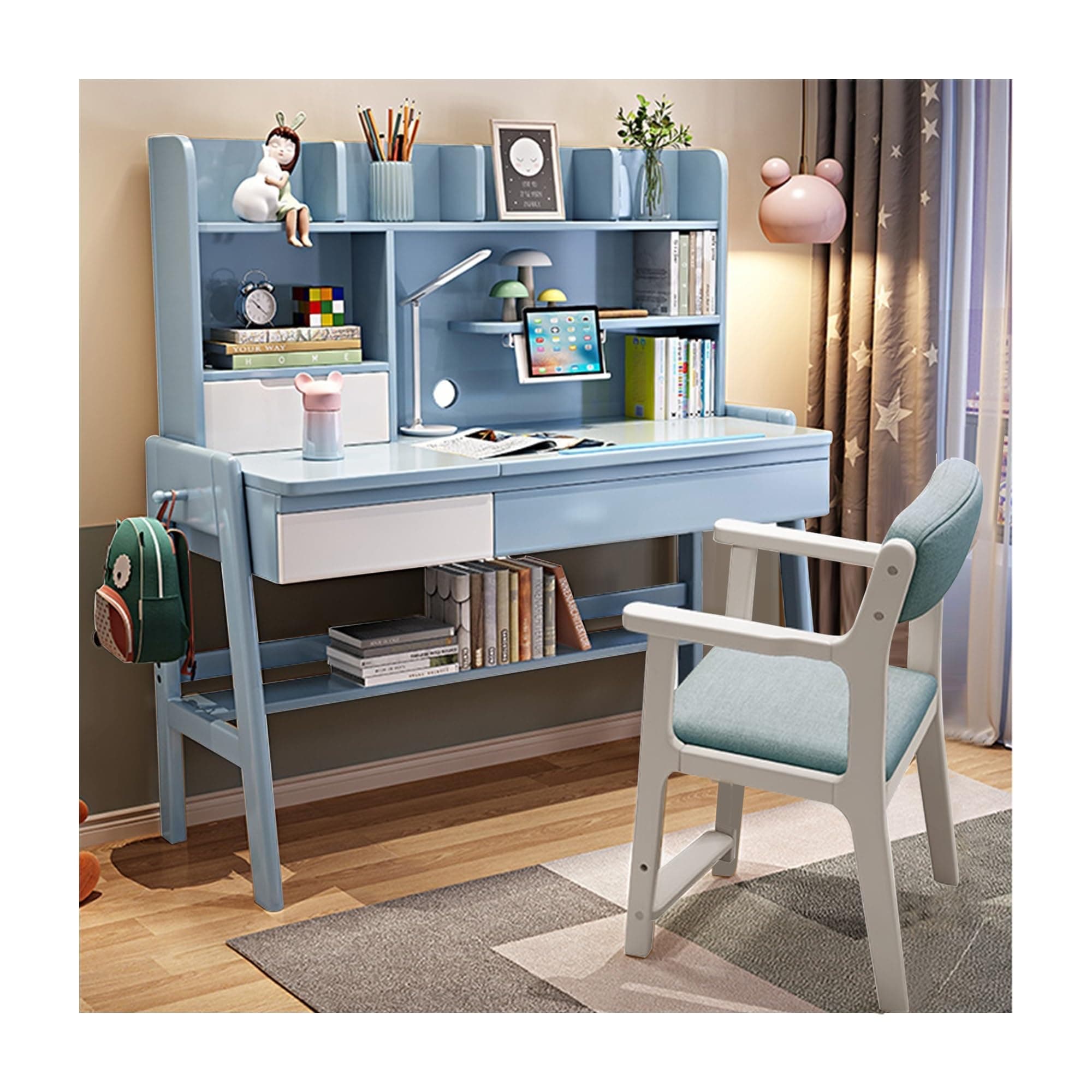 Kids Study Desk and Chair Set Multifunctional Solid Wood Desk for Kids Room 6-18 Height Adjustable Children School Study Desk with 0-60° Tilt Desktop, for Boys Girls (Color : Blue, Size : 120x60x130