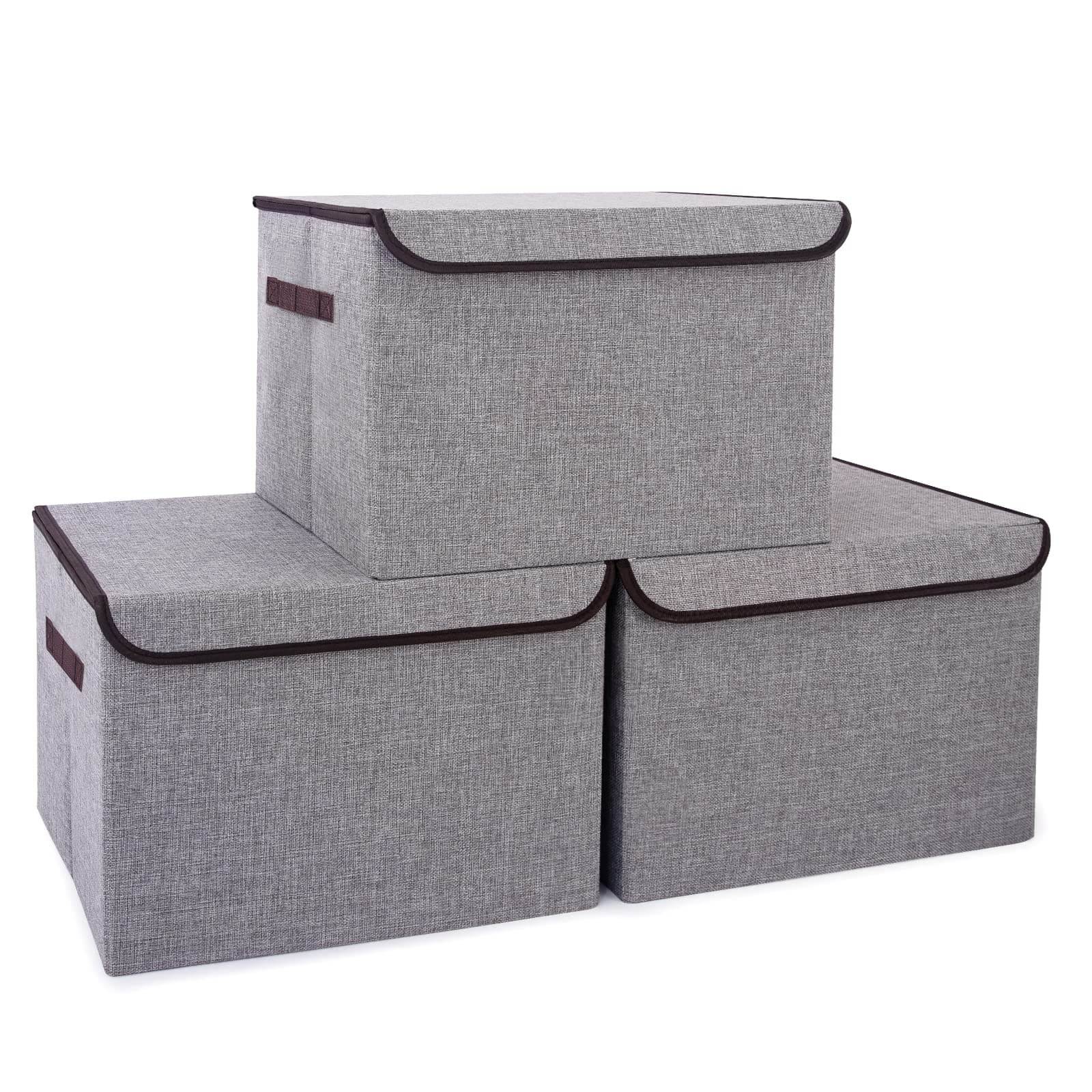 Large 17" 42 Quarts Collapsible Stackable Storage Bins with Lids [3-Pack] Foldable Fabric Linen Storage Boxes Cube, Closet Organizer Baskets with Label for Home (16.7 x 12 x 12, Gray)