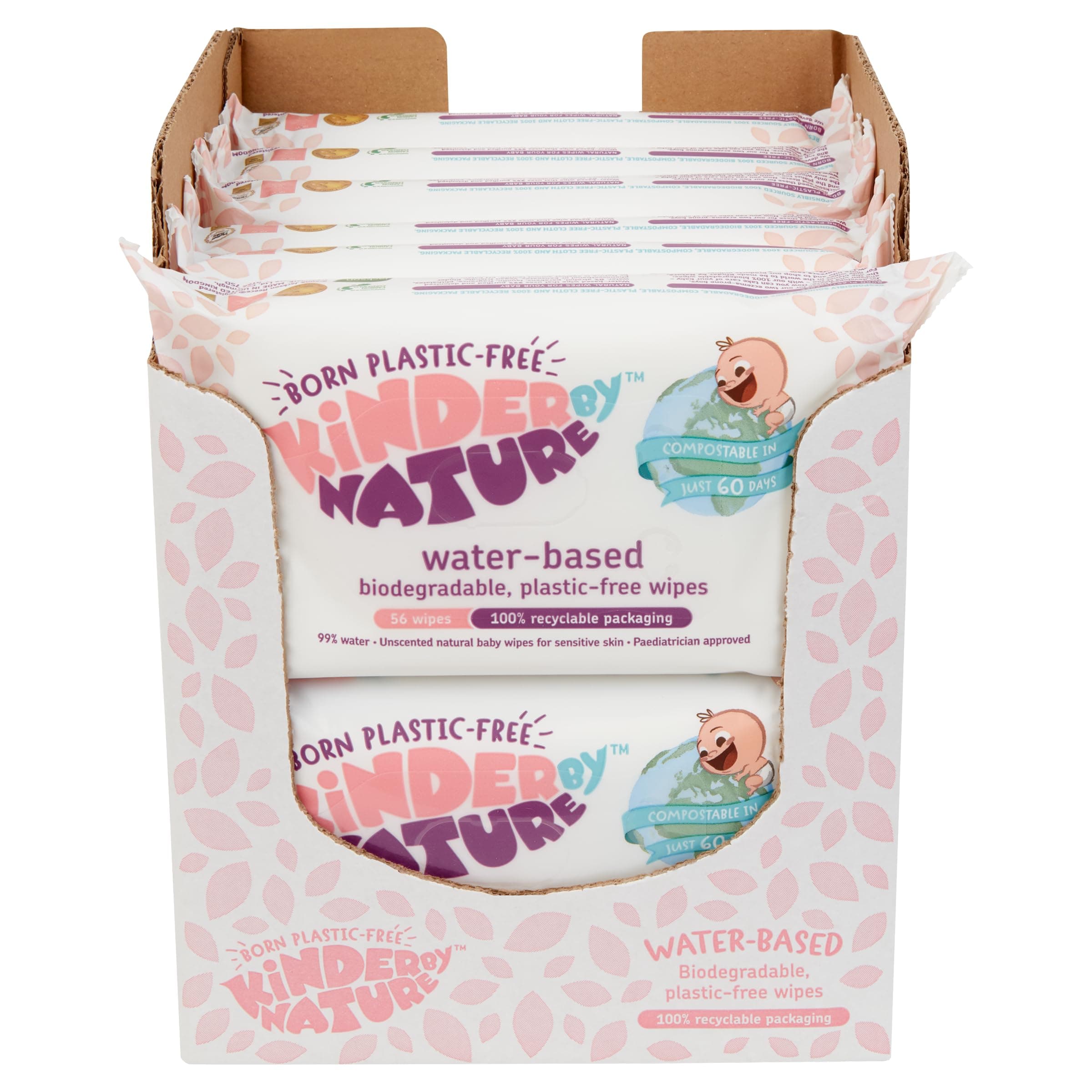 Kinder by Nature Water-Based Wipes - 12 Pack (Suitable for Sensitive & Eczema Prone Skin + 99% Water, 100% Biodegradable & Compostable, 100% Recyclable + Vegan)