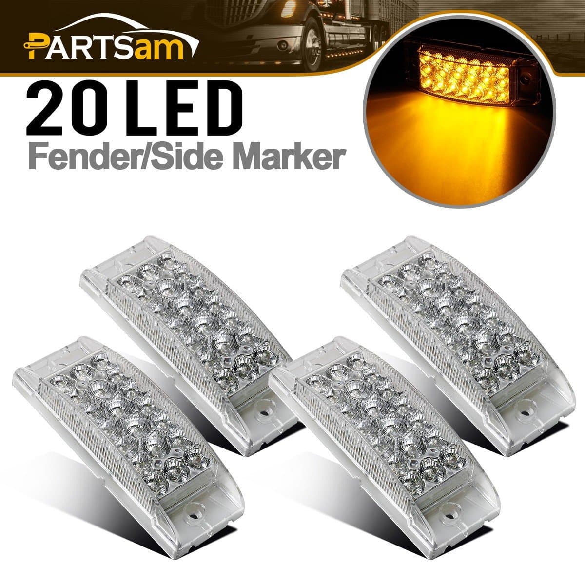 Partsam4Pcs 6" Rectangle Truck Trailer Amber Led Side Marker Lights and Turn Signal Lights 20 Diodes w/Reflectors, Clear Lens, Waterproof Sealed, Surface Mount