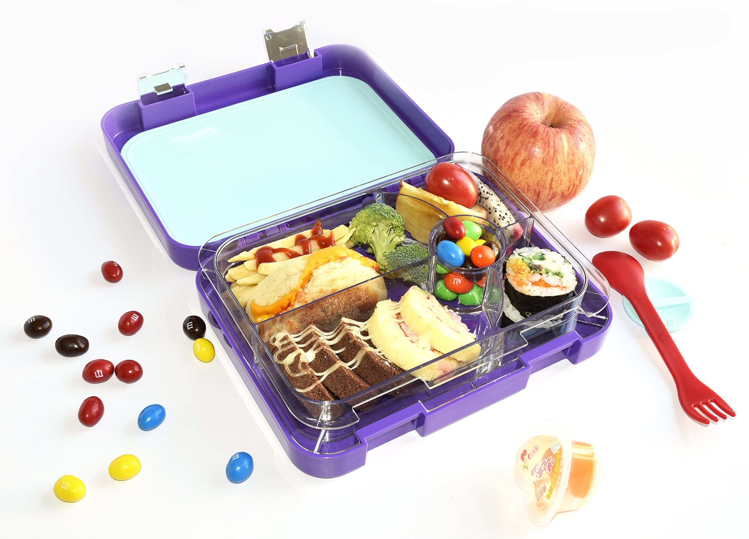 AOHEA Kids Lunch Box 5 Compartment, Plastic Storage Boxes With Leakproof Yogurt Pot, Bento Box Adults, Microwave Safe, Christmas Gifts Girls, Purple