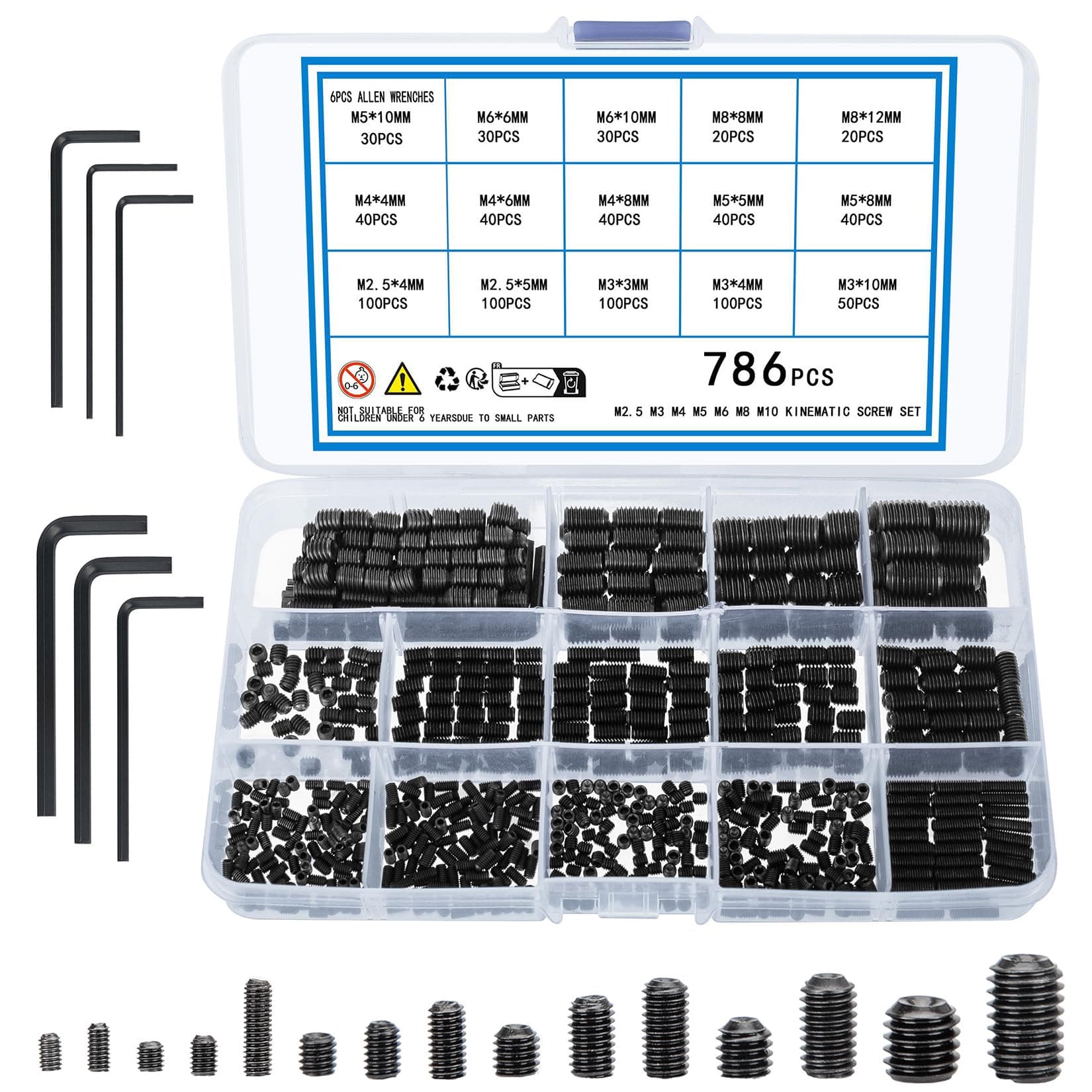 786 Pcs Grub Screws Assorted, M2.5 M3 M4 M5 M6 M8 Carbon Steel Metric Cup Point Grub Screws for Door Handles, Hex Head Socket Screw Set Mixed(786)