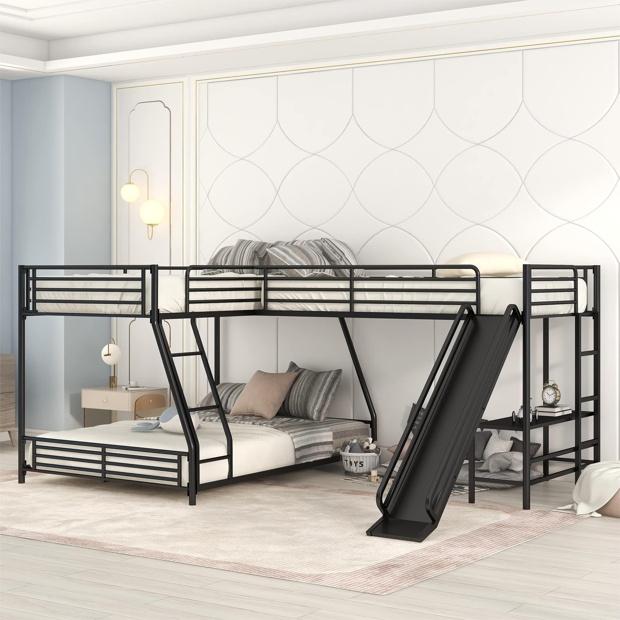 Low Bunk Bed with Double Loft Bed, L-Shaped Triple Bunk Bed with Slide and Desk, 3 Bunk Beds with Ladder and Full Length Railing, Black