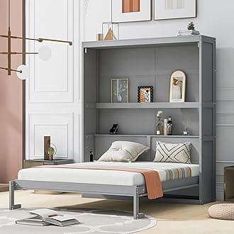 Merax Queen Size Murphy Bed, Wood Queen Murphy Cabinet Bed with Shelves, for Home Office or Small Room, Gray