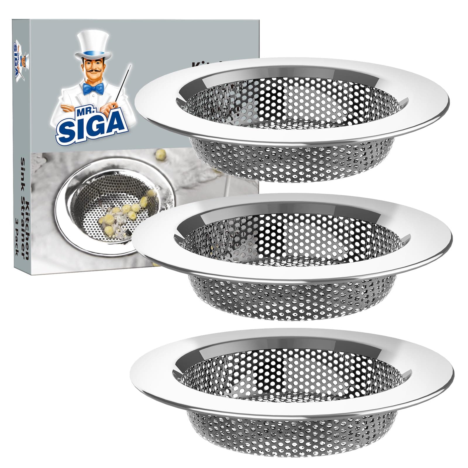 MR.SIGA Kitchen Sink Strainer, Stainless Steel Sink Drain Strainer, Dishwasher Safe(External Diameter 11.2cm, Inner Diameter 7.6cm,Pack of 3)