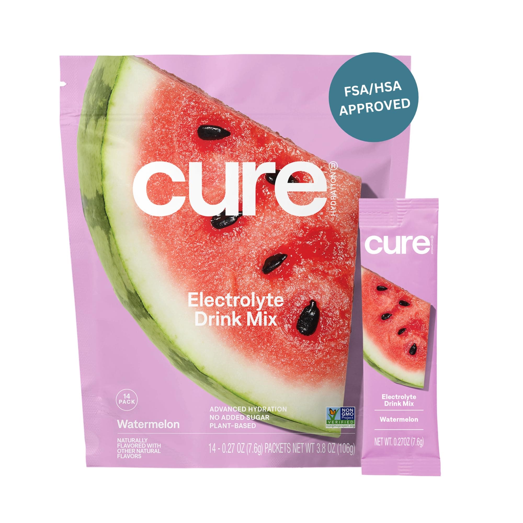 Cure Hydration | Plant-Based Electrolyte Drink Mix | No Added Sugar | FSA-HSA | Dehydration Relief Powder Made with Coconut Water | Non-GMO | Vegan | Pouch of 14 Packets - Watermelon