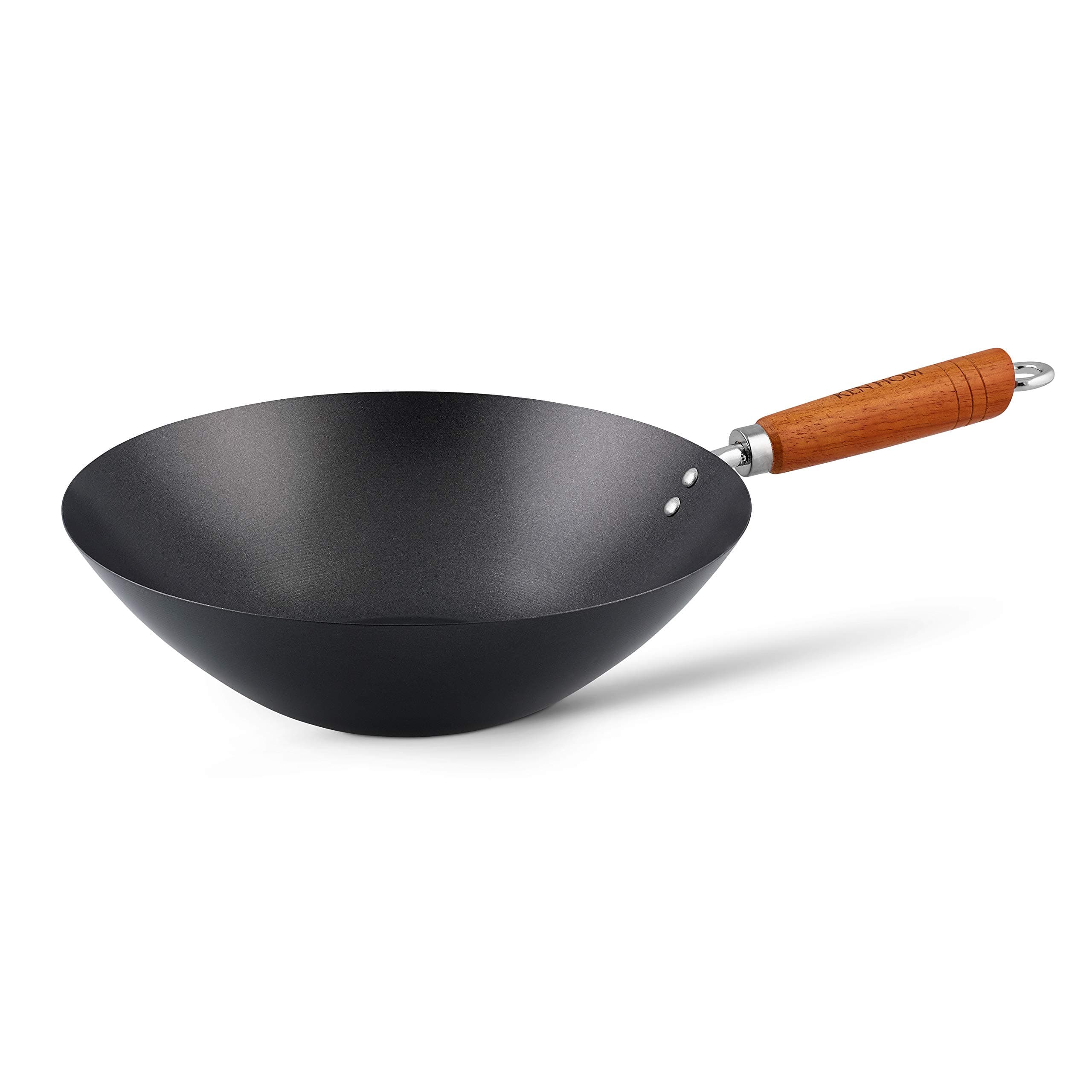 Carbon Steel Wok, Non-Stick 31cm, Classic, Non-Induction/Wooden Handle/Flat Base Pan, Includes 1 x Chinese Wok Pan, Not Dishwasher Safe