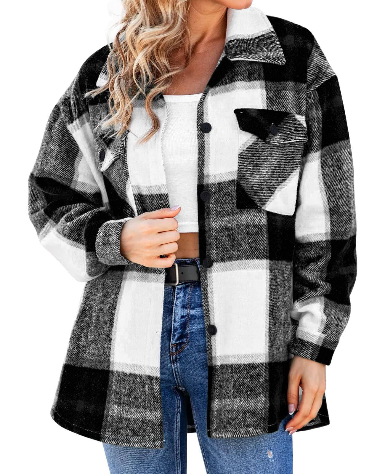 Womens Plaid Flannel Shacket Button Down Casual Shirt Jacket Fall Long Sleeve Blouses Tops