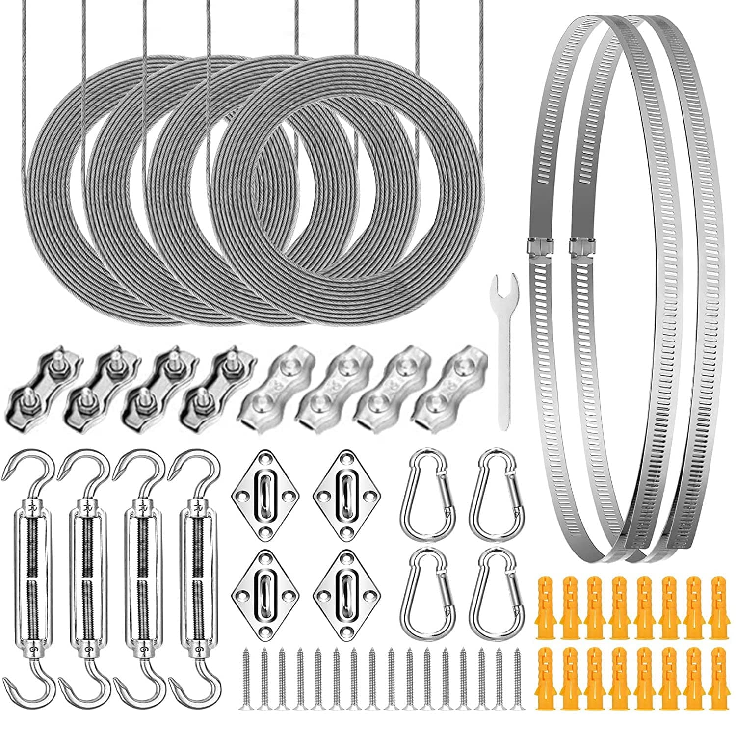 Sun Shade Sail Hardware Kit 6 inch with 4pcs 4 * 12ft Cable Wire Rope 304 Stainless Steel for Patio, Garden Triangle Rectangle and Square Sun Shade Sails Installation 59 pcs