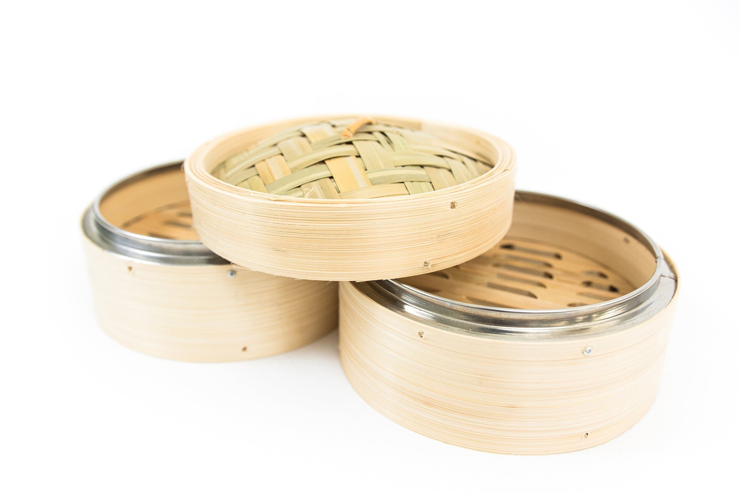 Three Piece 6" Small Bamboo Steamer Set with Lid by The Chefery - Restaurant Quality Metal Stainless Steel Raw Chinese Dim Sum Steamer Basket for Vegetable Fish Seafood Meat or Rice
