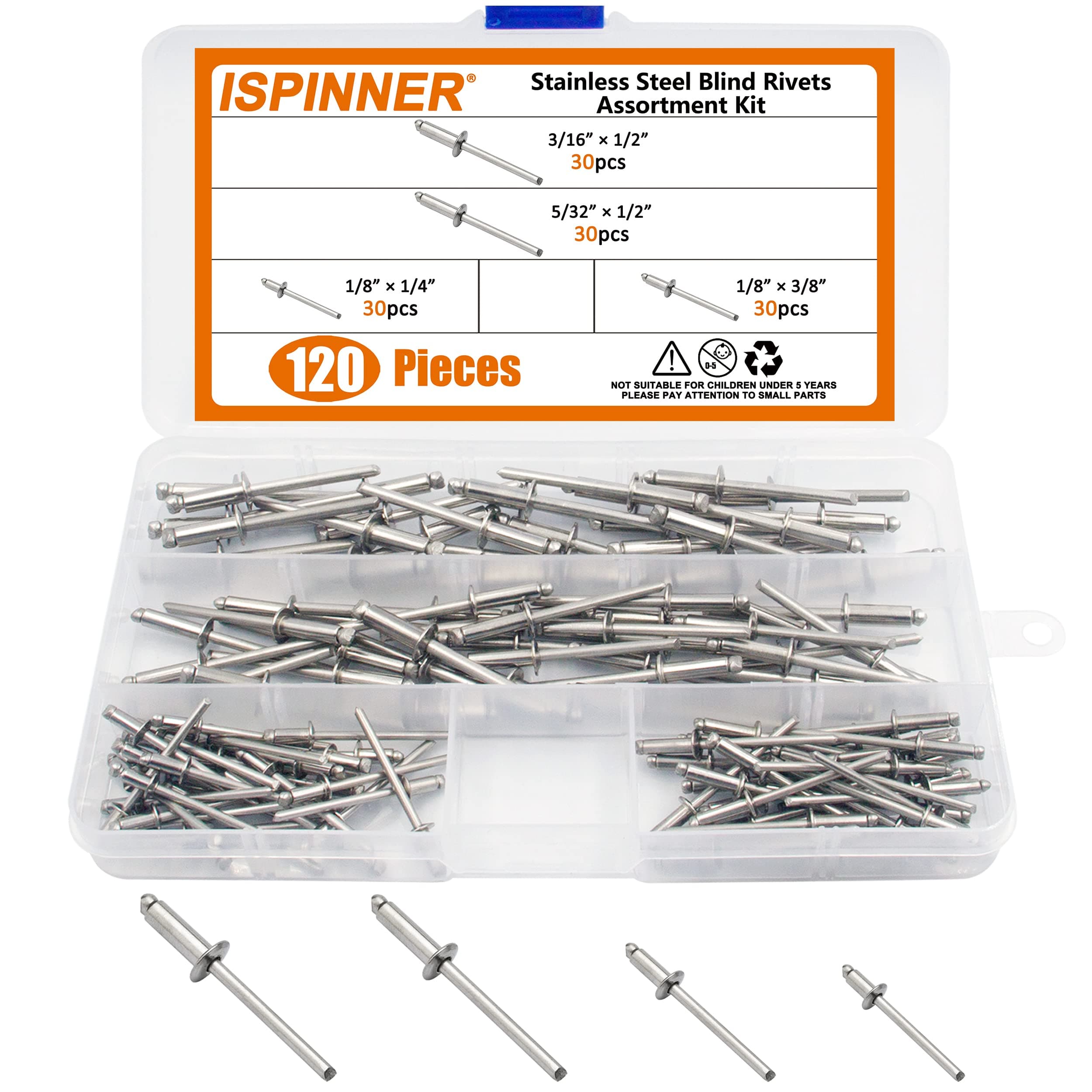 120pcs Stainless Steel Rivet Assortment Kit