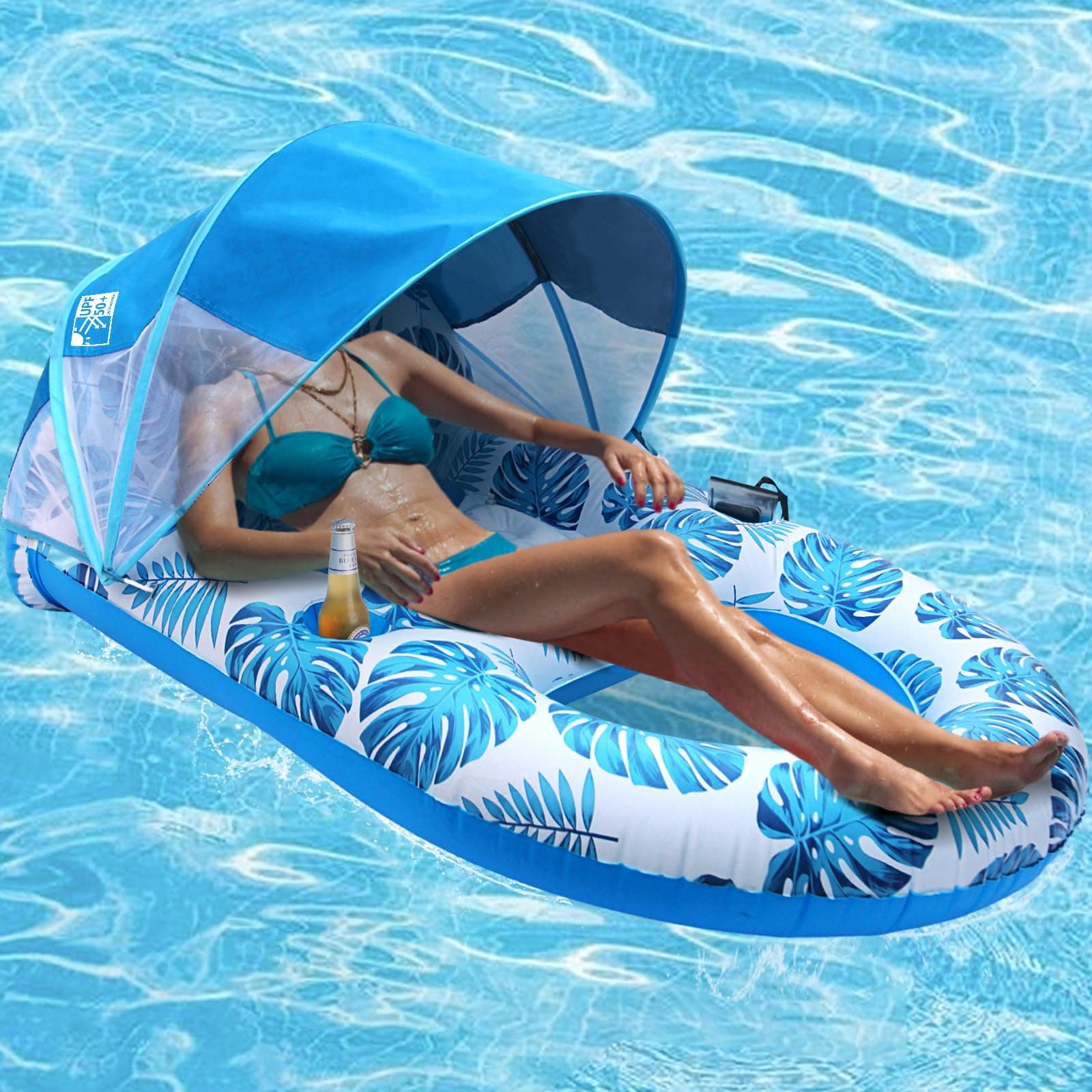 Pool Lounge Float with Canopy UPF50+,Extra Large Pool Floats for Adults Heavy Duty,Inflatable Lounger Float with Cup Holder & Backrest,Footrest