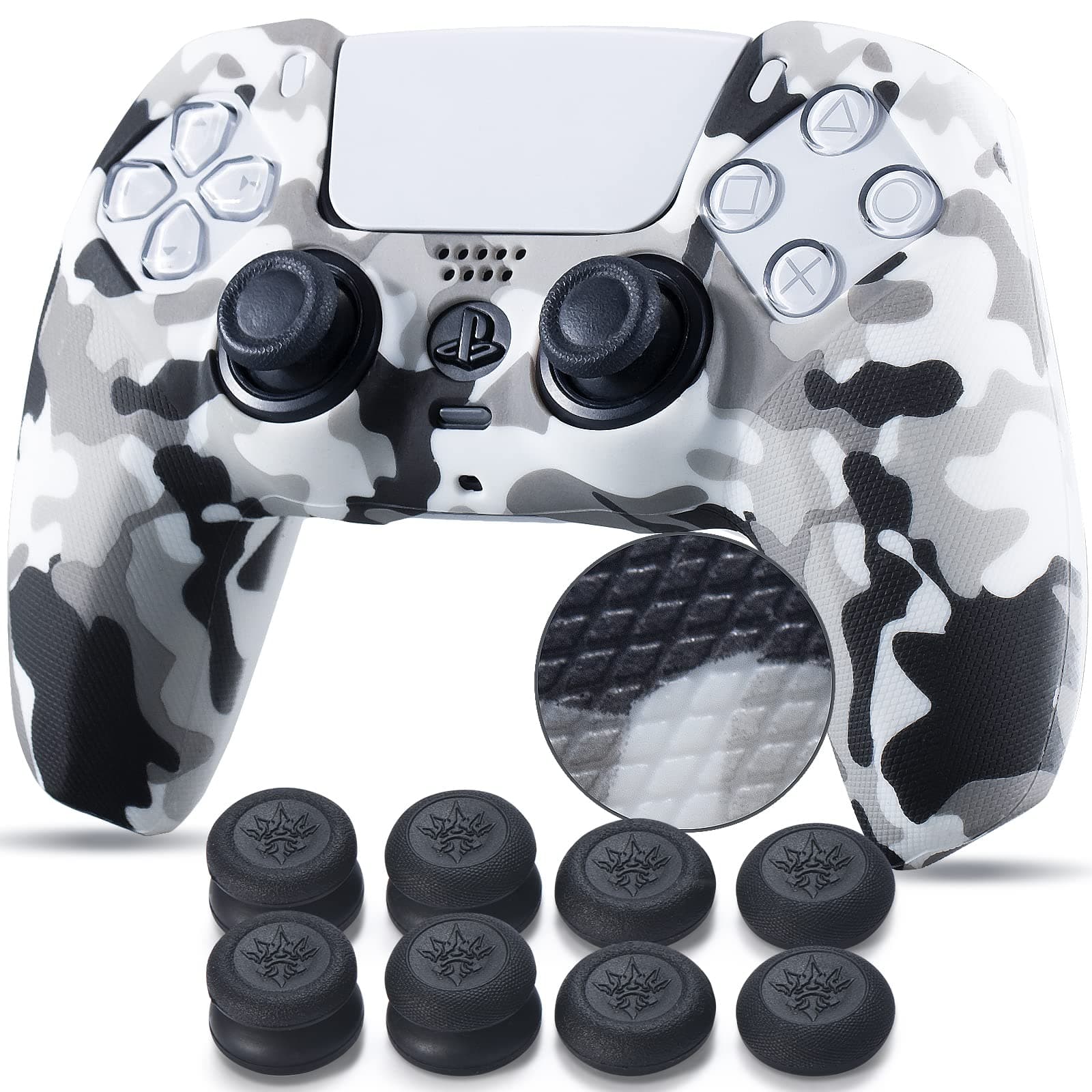 YoRHa Studded Printing Silicone Cover Skin Case for PS5 Controller x 1(White) with Pro Thumb Grips x 10