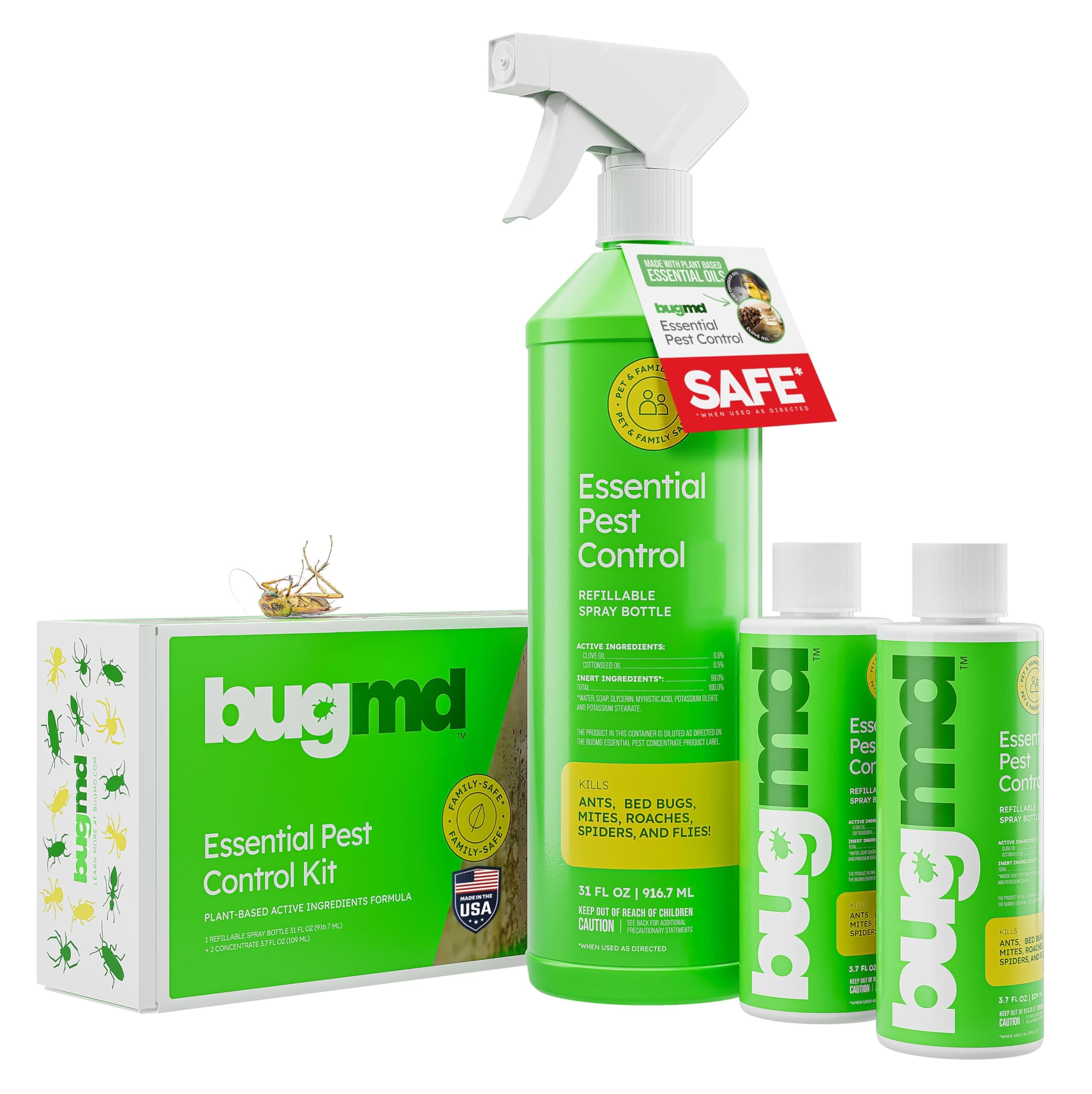 - BugMD Ant Killer & Bug Spray - Roach and Cockroach Killer Indoor, Spider Spray for Home, Fly and Insect Defense, Natural, Safe with Essential Oils, Plant-Powered, Pest Control - Starter Kit