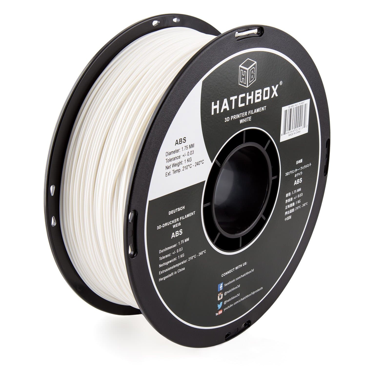 ABS 3D Printer Filament, Dimensional Accuracy +/- 0.03 mm, 1 kg Spool, 1.75 mm, White, Model Number: 3D ABS-1KG1.75-WHT