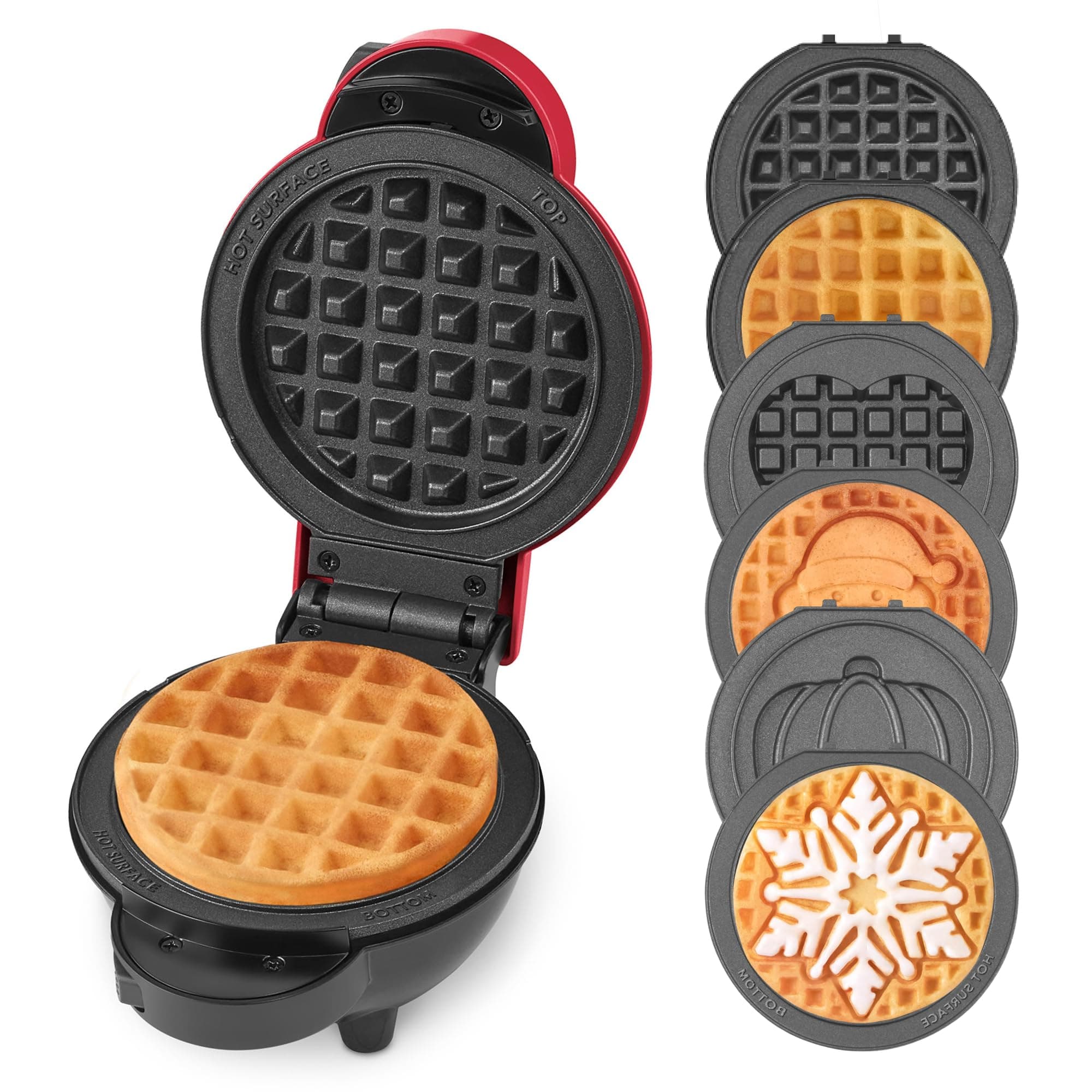 Dash Holiday MultiMaker Mini System - Includes Seasonal Snowflake, Pumpkin, Heart, Santa, and Classic Waffle Plates - Red, Six 4-Inch Removable Plates