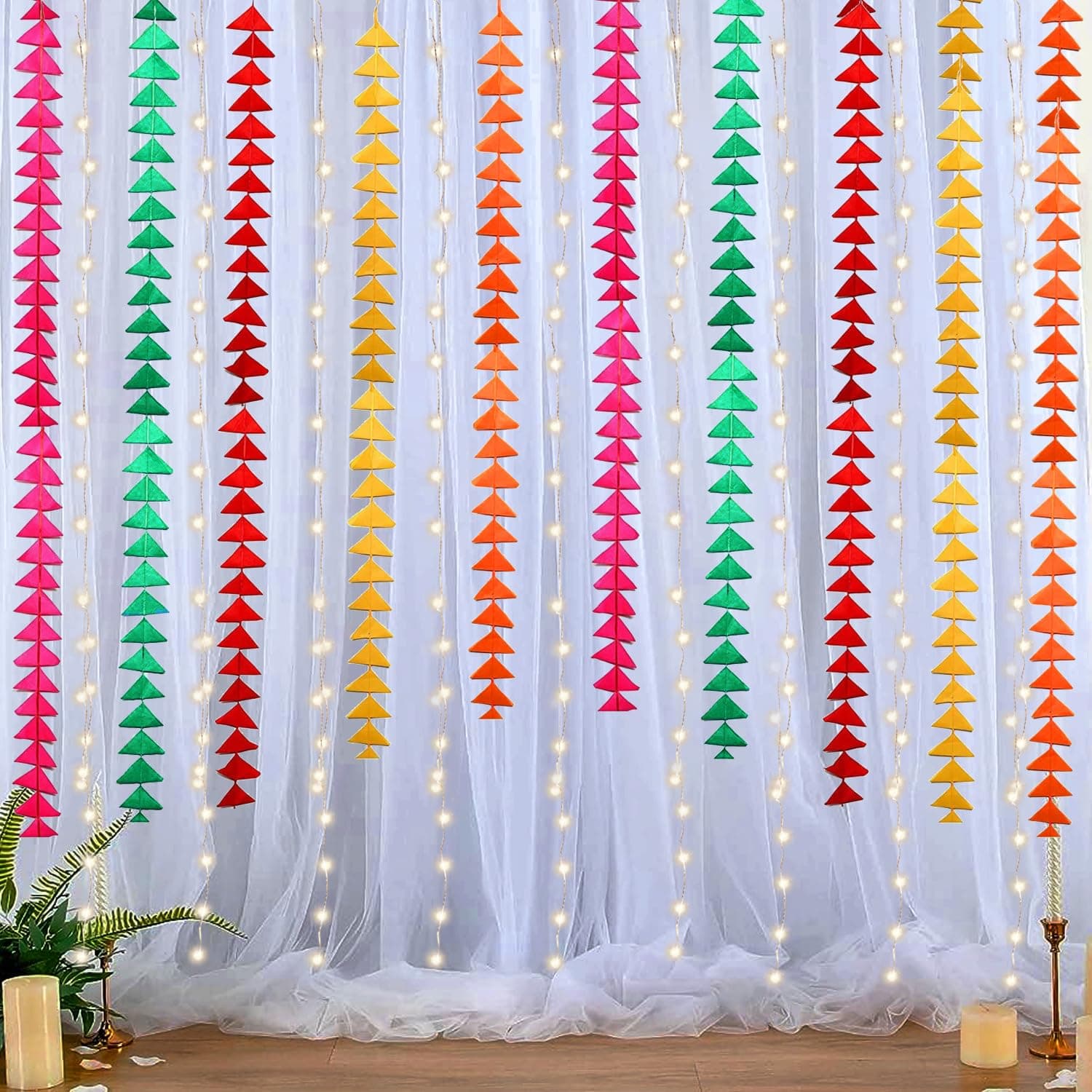 Party Propz White Backdrop For Decoration With Triangle Hanging And LED Light | Backdrop Curtains For Decoration For Ganpati, Janmashtami, Varalakshmi, Diwali, Navratri, Haldi Decoration(13Pcs)(Net)