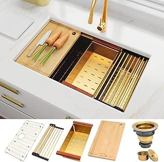 LQS Gold Kitchen Sink, 32 Inch Gold Undermount Kitchen Sink, 32” x 19" Stainless Steel 16 Gauge Kitchen Sinks with Pratical Accessories For Luxury Kitchens, Round Corner and X Drain Line