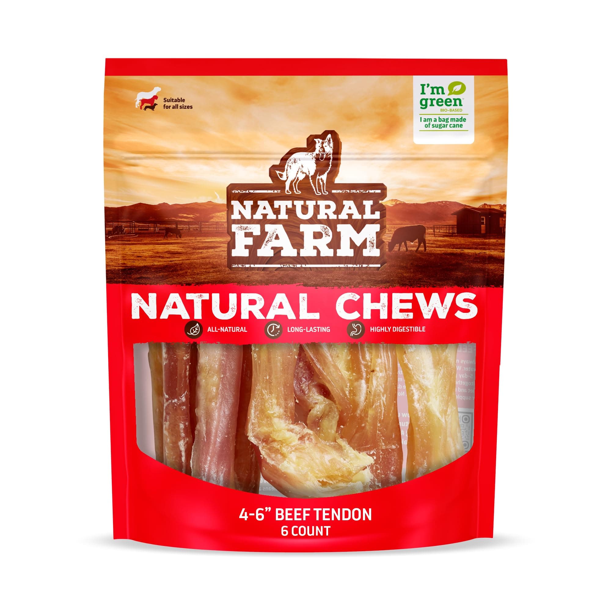 Extra-Thick Beef Tendons (4-6 Inch, 6 Pack), Natural Chondroitin and Collagen: Supports Healthy Joints, Great for Dental Health – Made & Packaged, All Dog Sizes