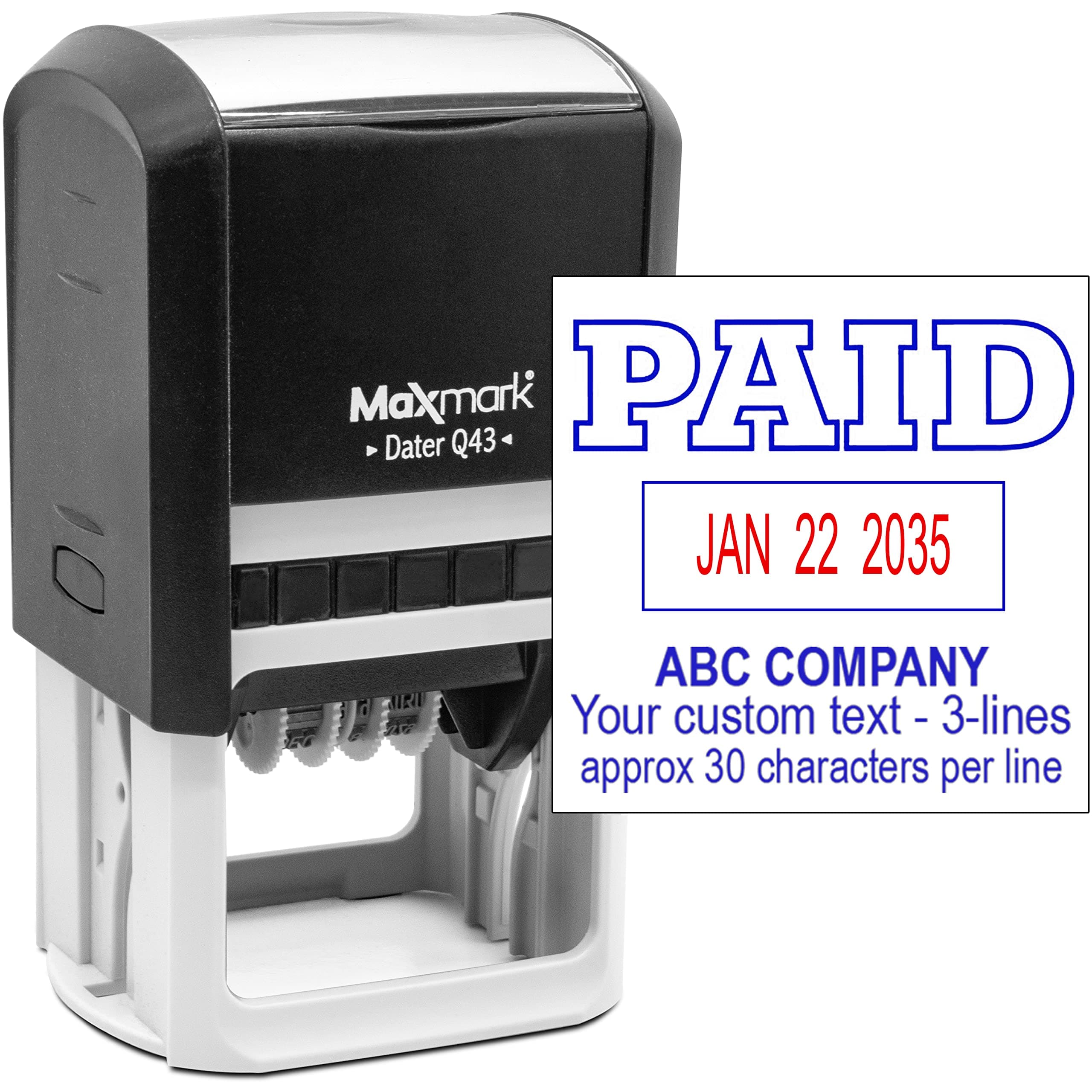 MaxMark Q43 (Large Size) Date Stamp with Paid and Custom Text, Self Inking Stamp - 2 Color Blue/Red Ink