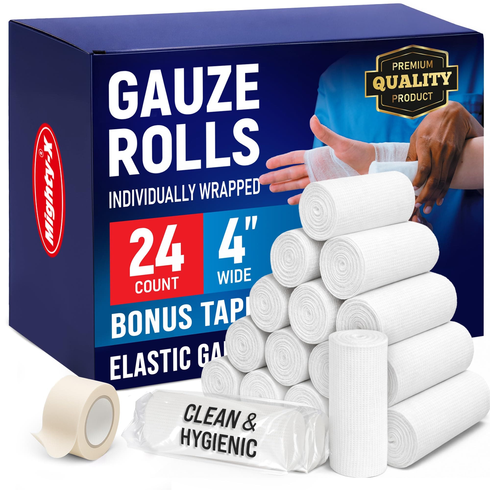 Mighty-X Premium Gauze Rolls - 24 pack - 4" Individually Wrapped + Bonus Tape - First Aid Conforming Rolled Gauze