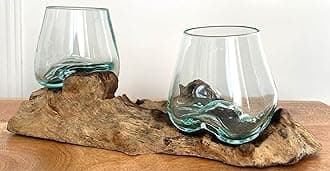 Molten Glass Round Decorative Bowl On Wood Root Stand Glass Rustic Ornament Sculpture Key Sweet Display Dish (Double 27cm)