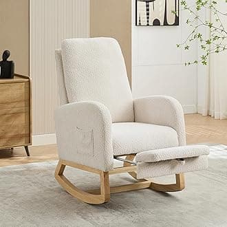 Nursery Rocking Chair with Foot Rest, Upholstered Glider Chair with Two Side Pockets, High Back Nursing Chair, Rocker Accent Armchair for Bedroom Living Room (Ivory)