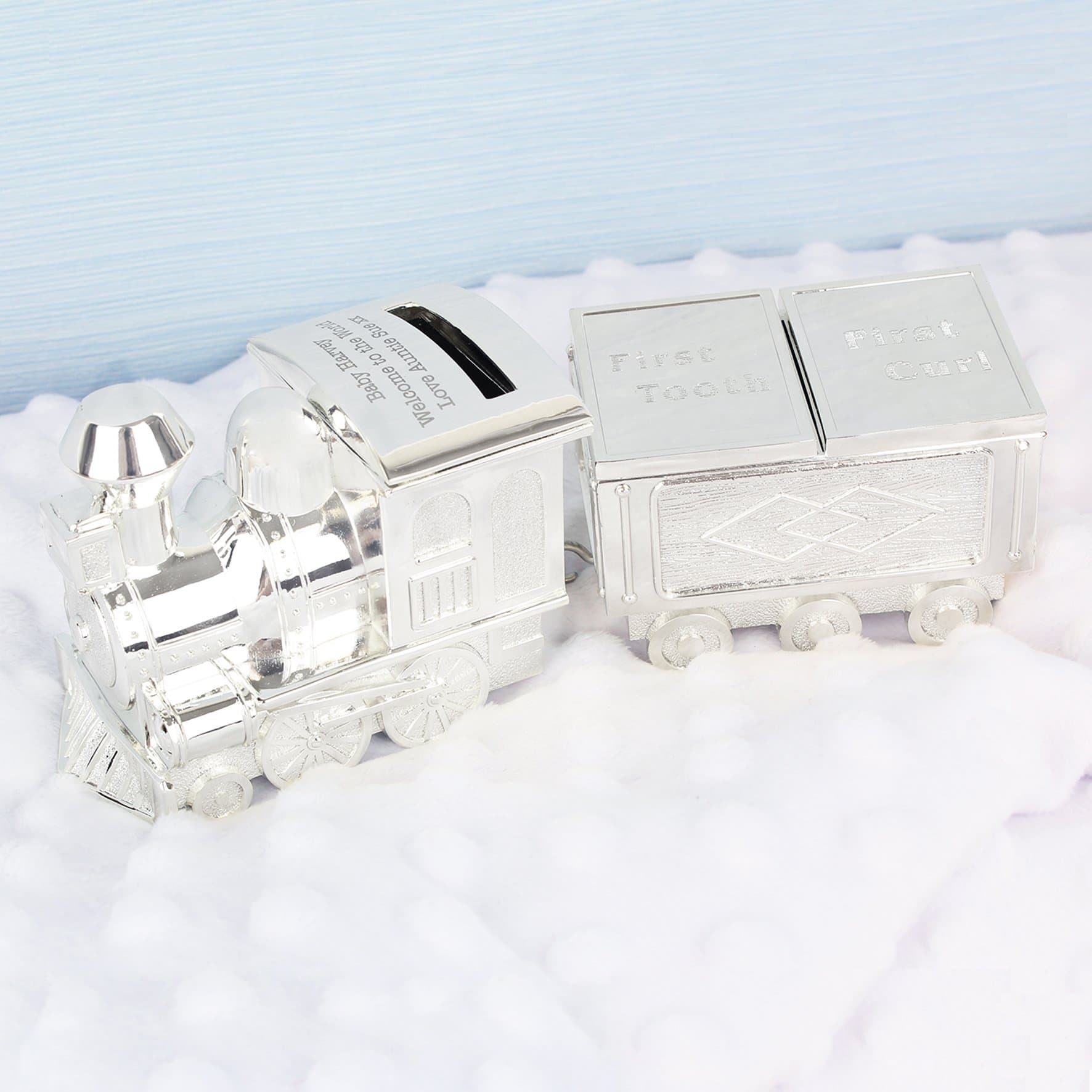 Train Money box engraved with own message & holds first Tooth & First curl