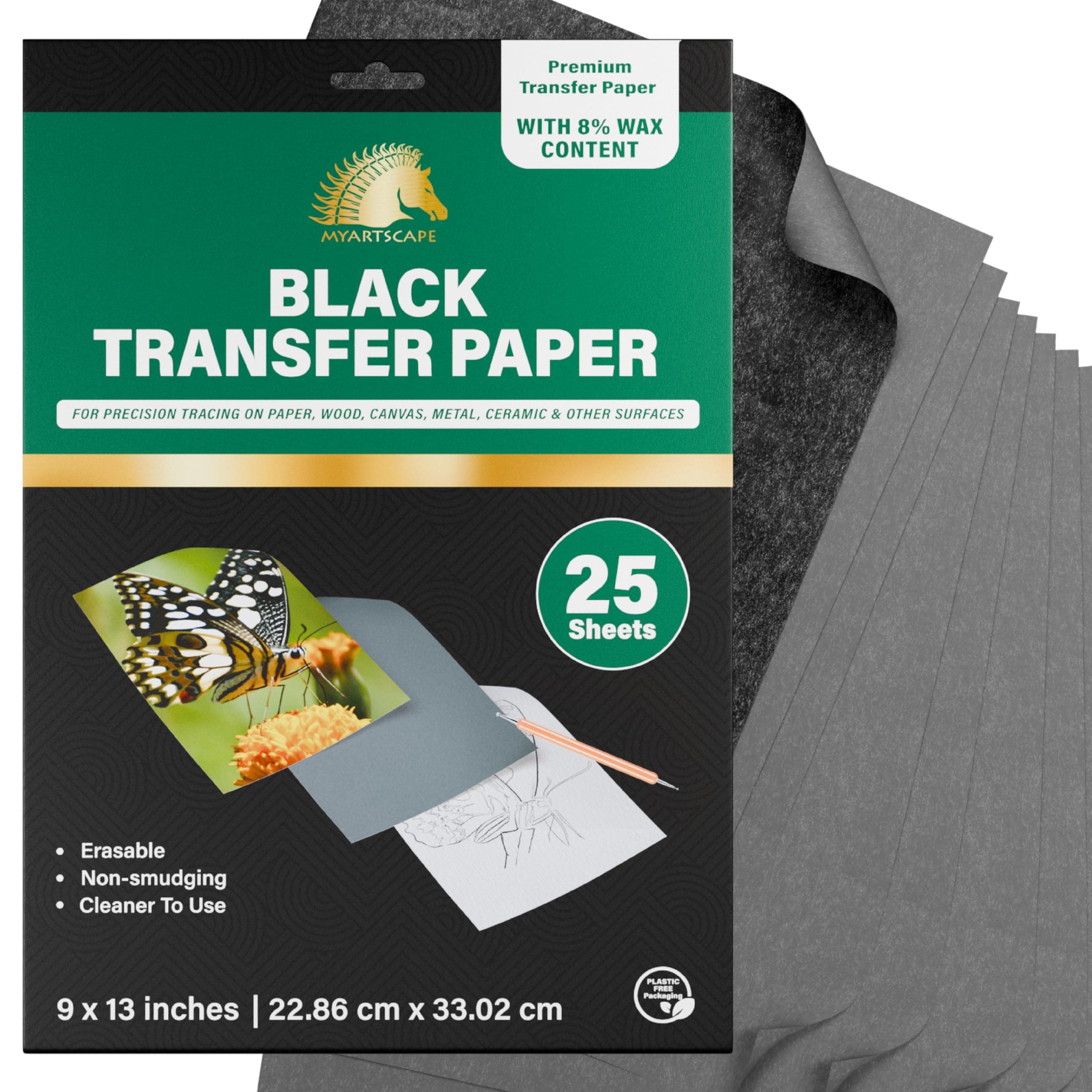 Graphite Transfer Paper - 9" x 13" - 25 Sheets - Waxed Carbon Paper for Tracing (Black)