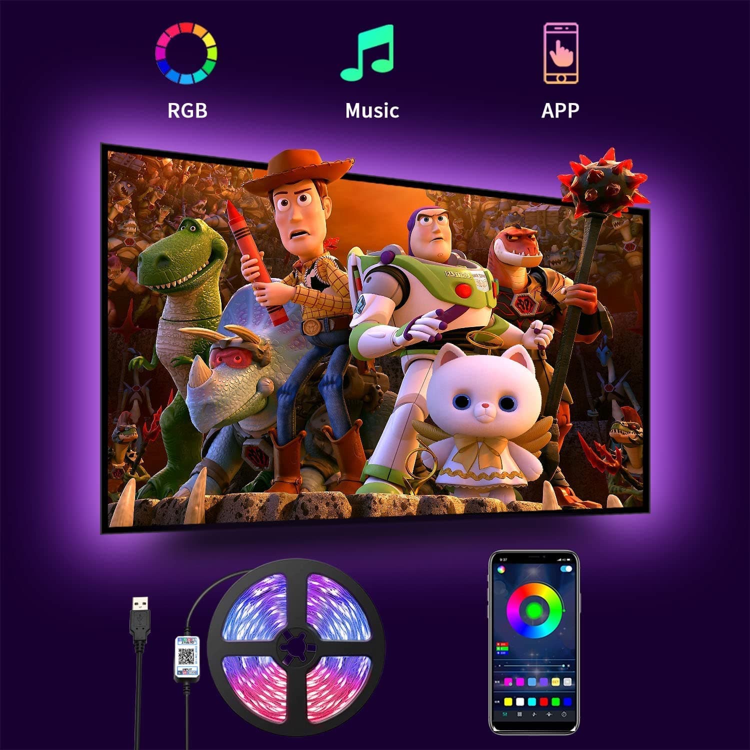 TV LED Backlights 4.5M, LED Strip Lights with Bluetooth APP Control for 65-75 inch TV, 16 Million Colors, Music Sync Color Changing + Sensitive Mic + Timing Function, Adapter USB Powered