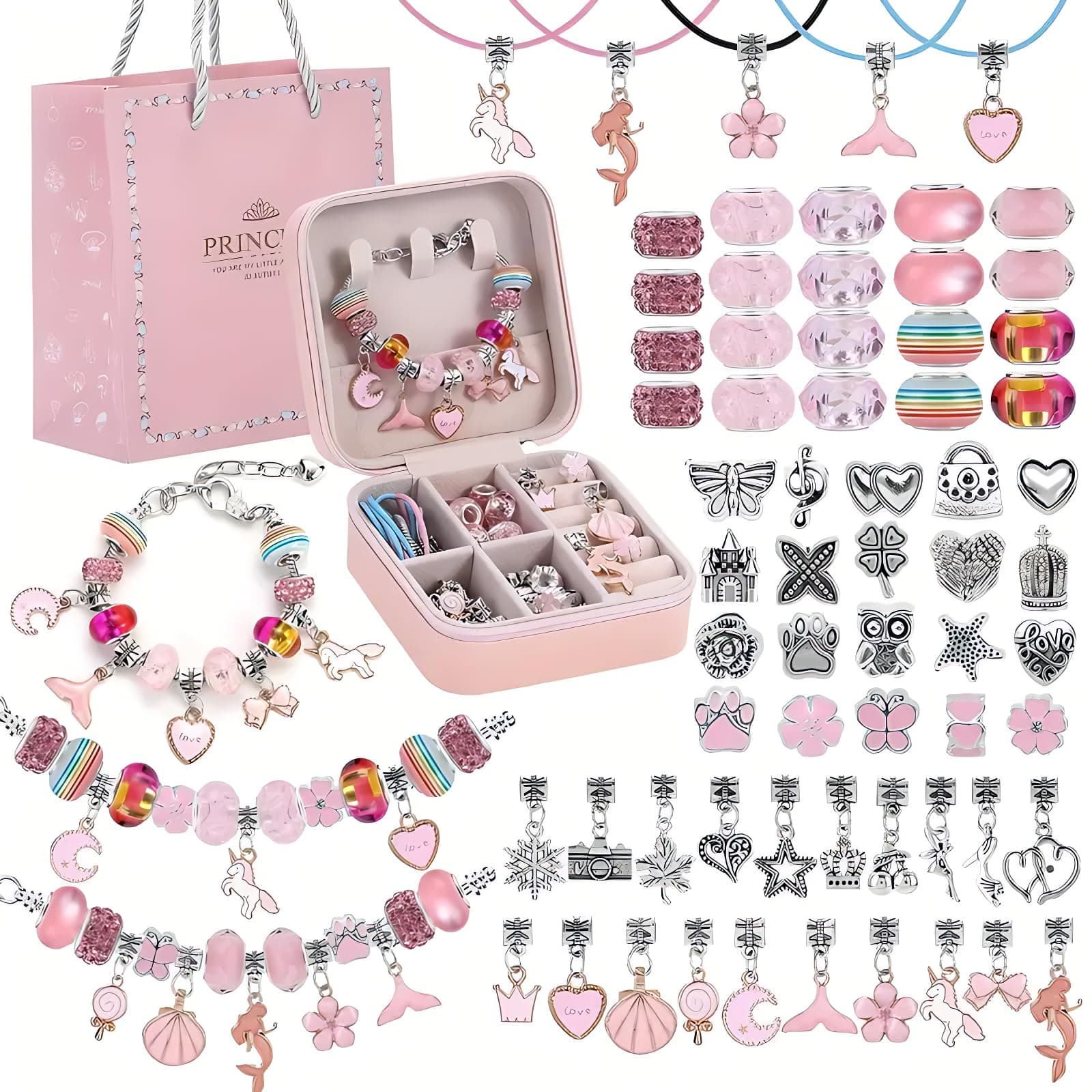 Bracelet Making Kit for Girls,68PCs Charm Bracelets Kit with Jewelry Box, Jewelry Charms, Bracelets for DIY Craft, Bracelet Gift for Adults and Kids，Present For 3-12 Year Old Girl (pink)
