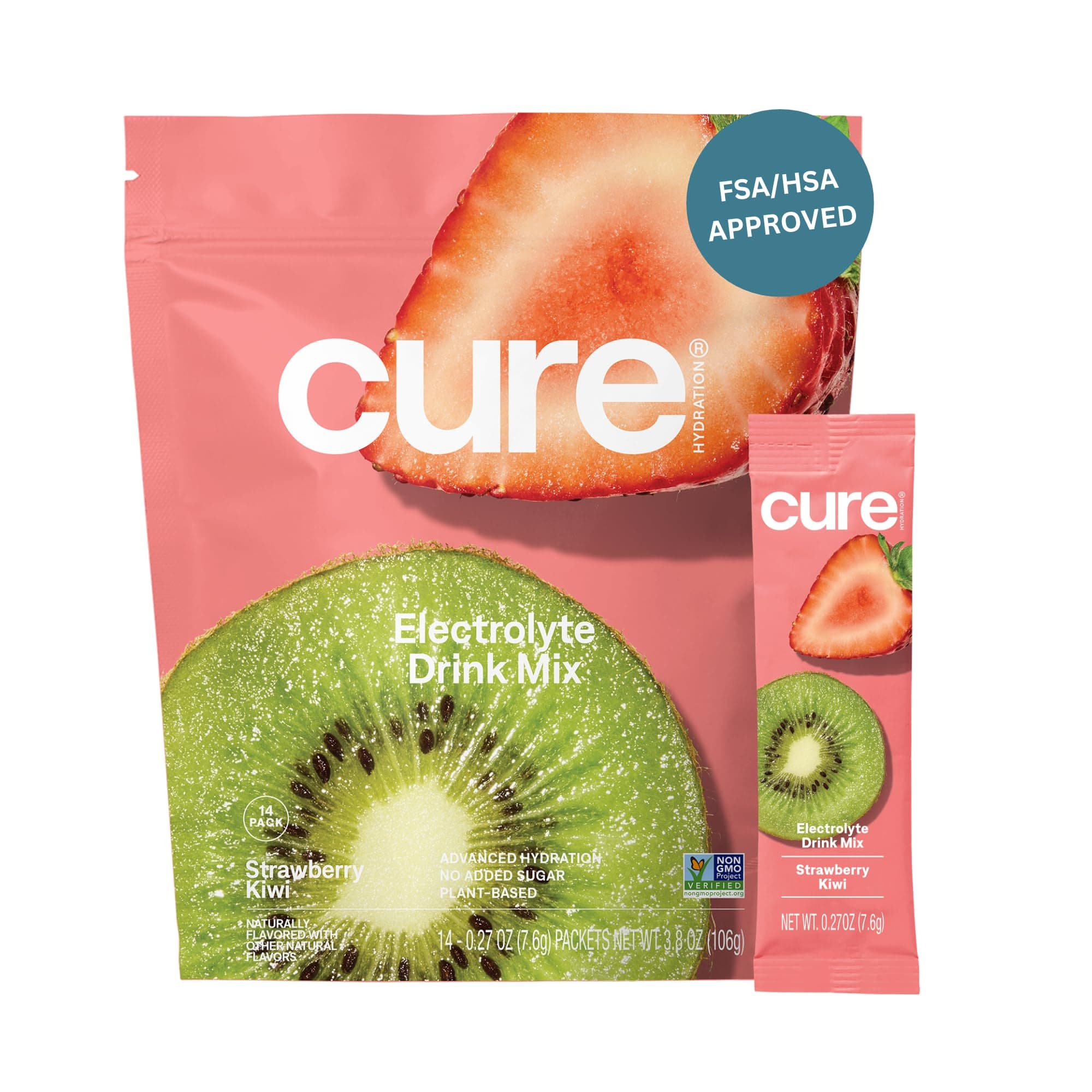 Cure Hydration | Plant-Based Electrolyte Drink Mix | No Added Sugar | FSA-HSA | Dehydration Relief Powder Made with Coconut Water | Non-GMO | Vegan | Pouch of 14 Packets - Strawberry Kiwi