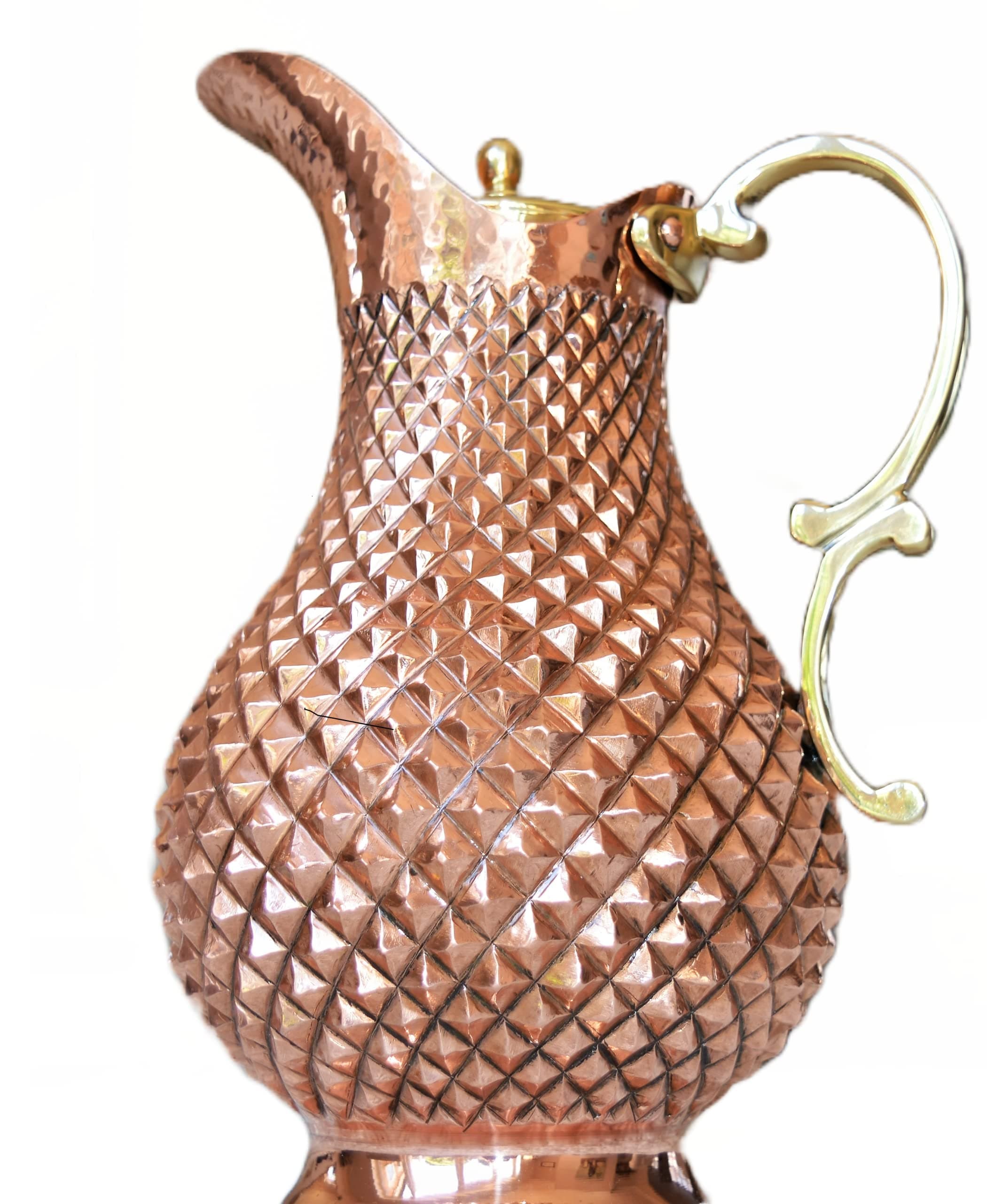 SUNDAR Embossed Textured Copper Pitcher - 100% Pure Copper Jug Drinking Water - Pure Copper Water Jug with Lid - Copper Drinking Vessel- Copper Jug Pitcher Moscow Mule - 1750ml (60fl oz)